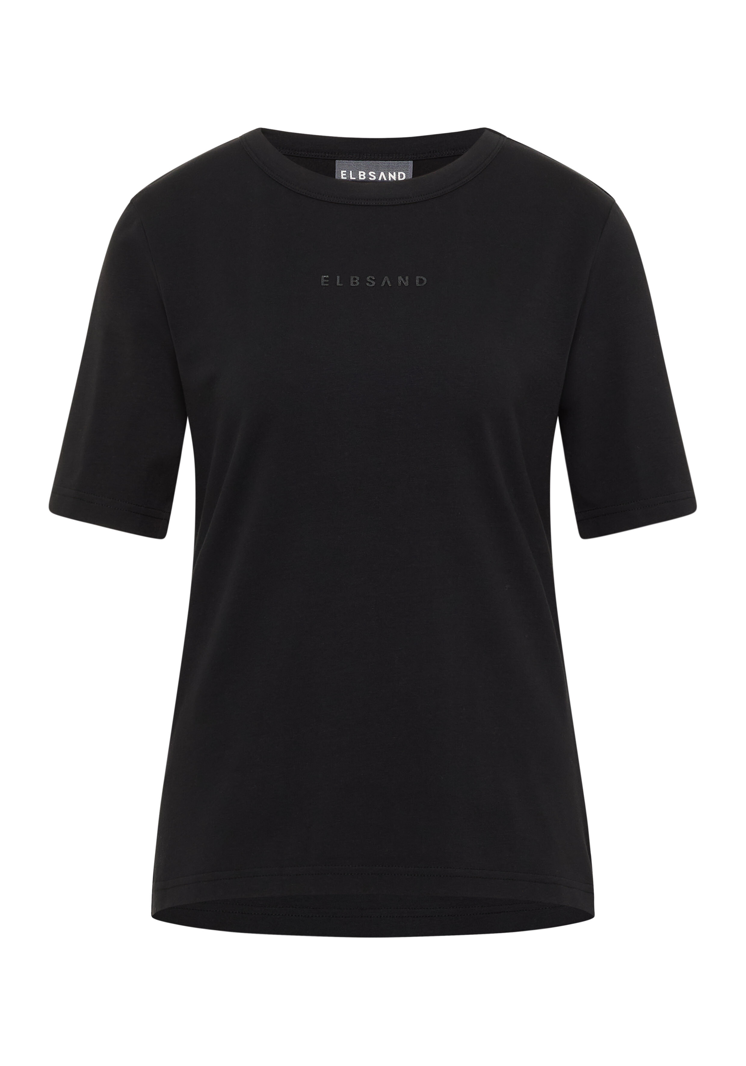 Schwarzes ELBSAND Freizeit-T-Shirt mit kurzen Ärmeln und dezentem Markenlogo.
