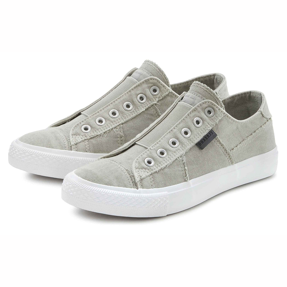 Lässige Slip-On-Sneaker aus hellgrauem Canvas mit weißen Sohlen und Ösendetails.