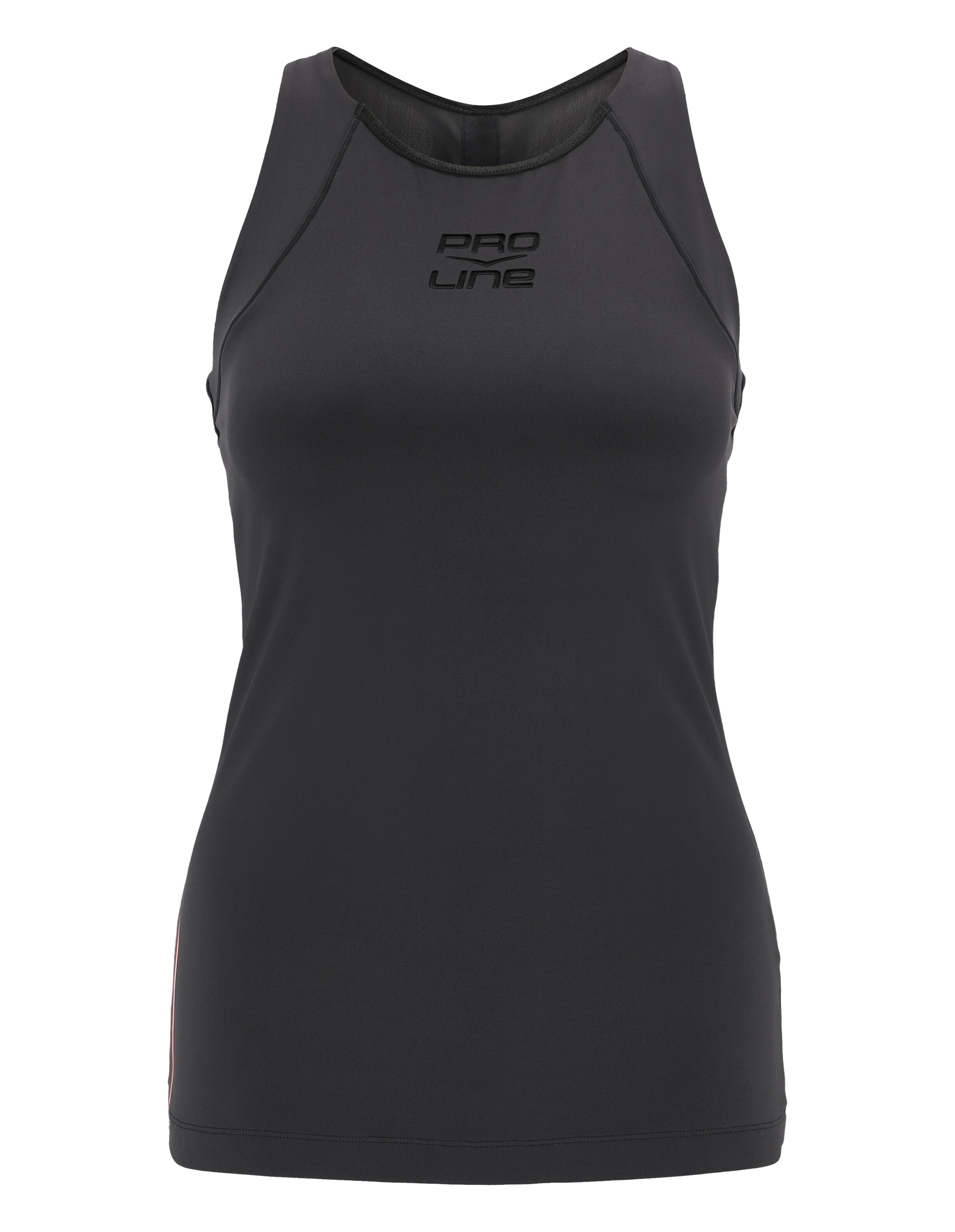 Schwarzes, ärmelloses Pro Line-Tanktop für sportliche Freizeitkleidung auf weißem Hintergrund.