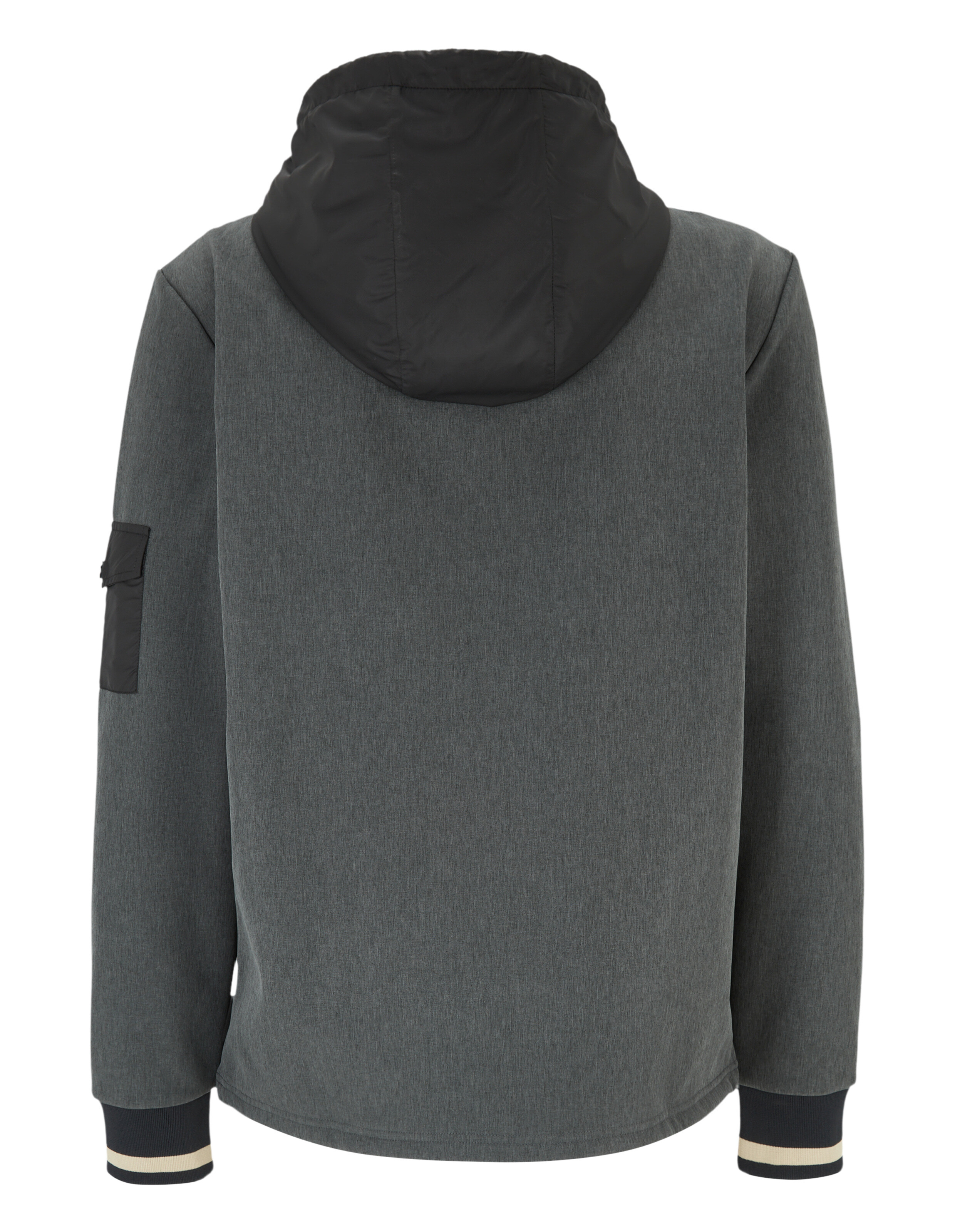 Gemütliche graue Kapuzenjacke mit schwarzen Akzenten und gerippten Bündchen, perfekt für Freizeitkleidung.