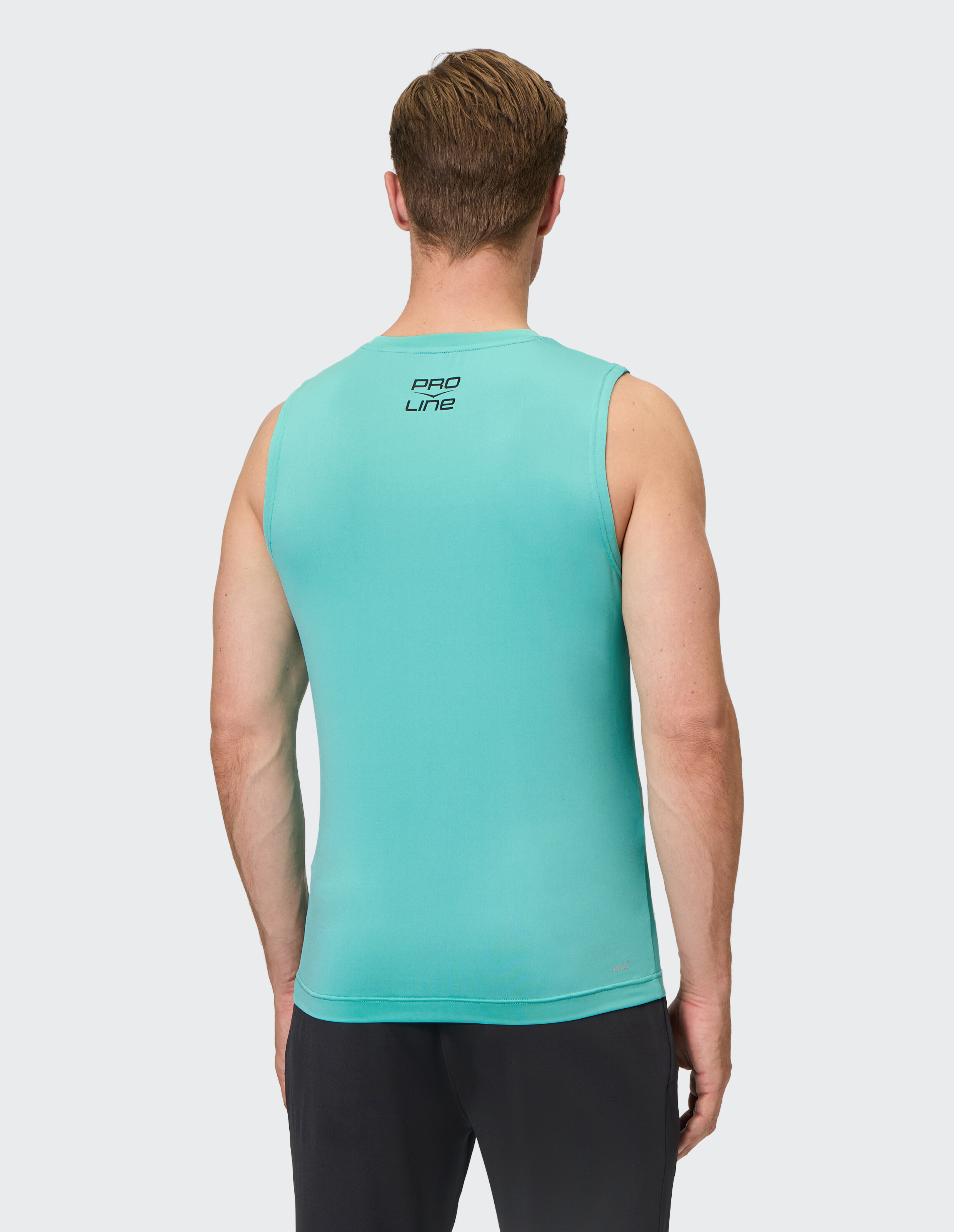 Mann trägt ein türkisfarbenes Venice Beach Pasadena Tanktop, Rückansicht, lässiger Stil.
