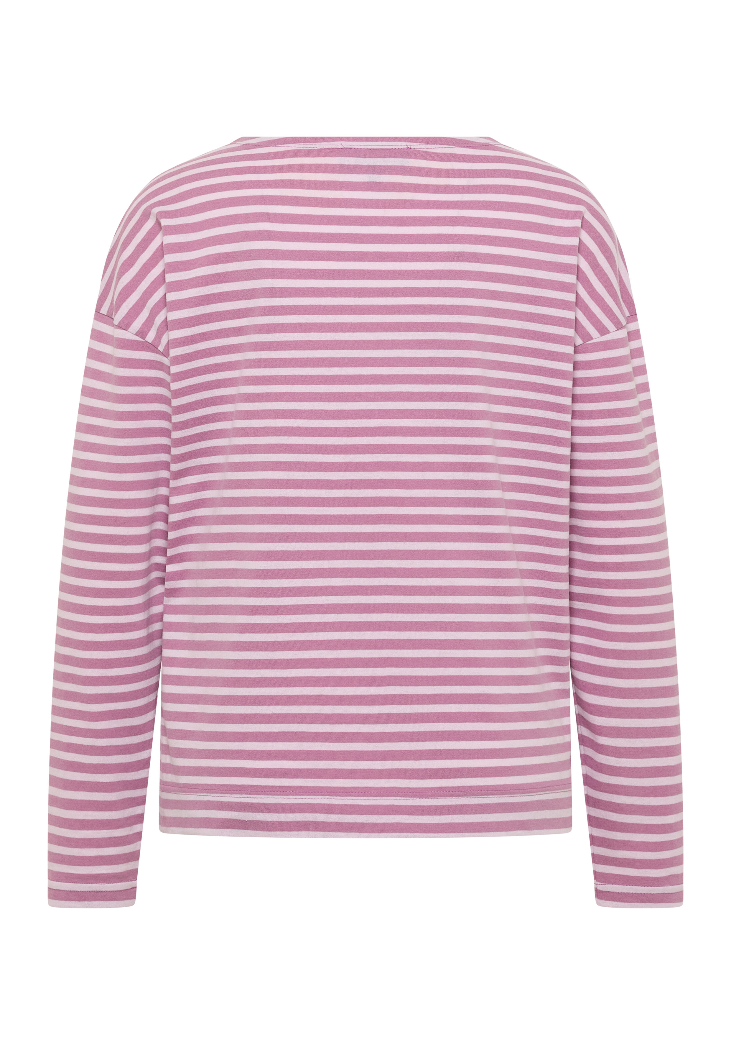 Rückansicht eines gemütlichen rosa-weiß gestreiften Langarm-Freizeithemdes.