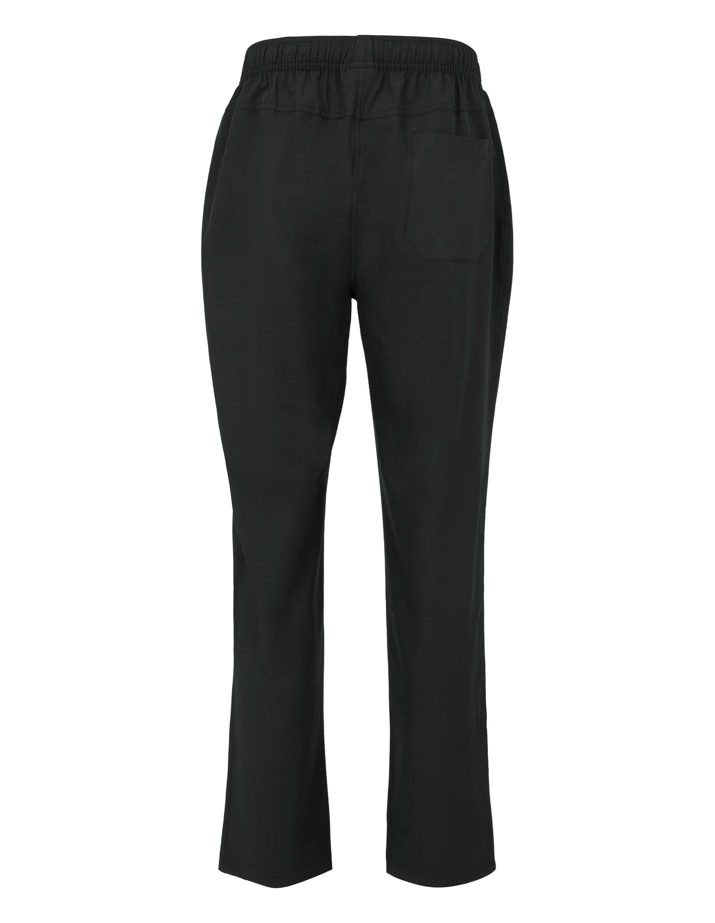 Schwarze Jogginghose von hinten mit elastischem Bund, links hinten aufgesetzte Tasche und kleinem reflektierenden Logo am rechten Bein.