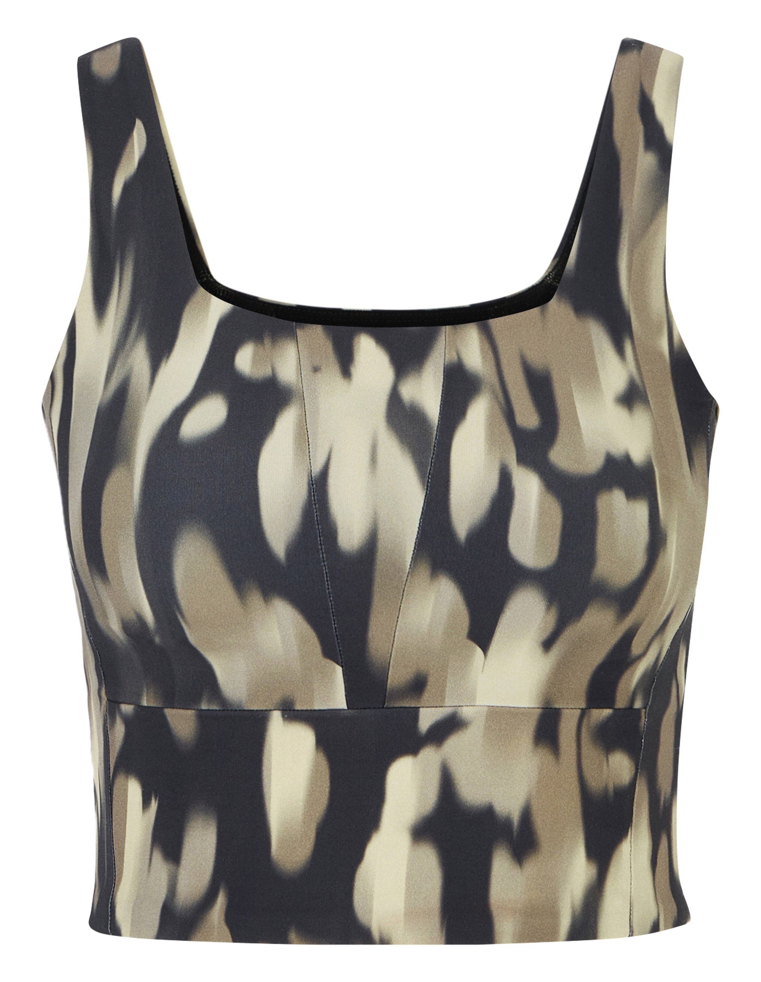 Stilvolles, kurzes Tanktop mit abstraktem Muster in Beige und Schwarz, perfekt für Freizeitkleidung.