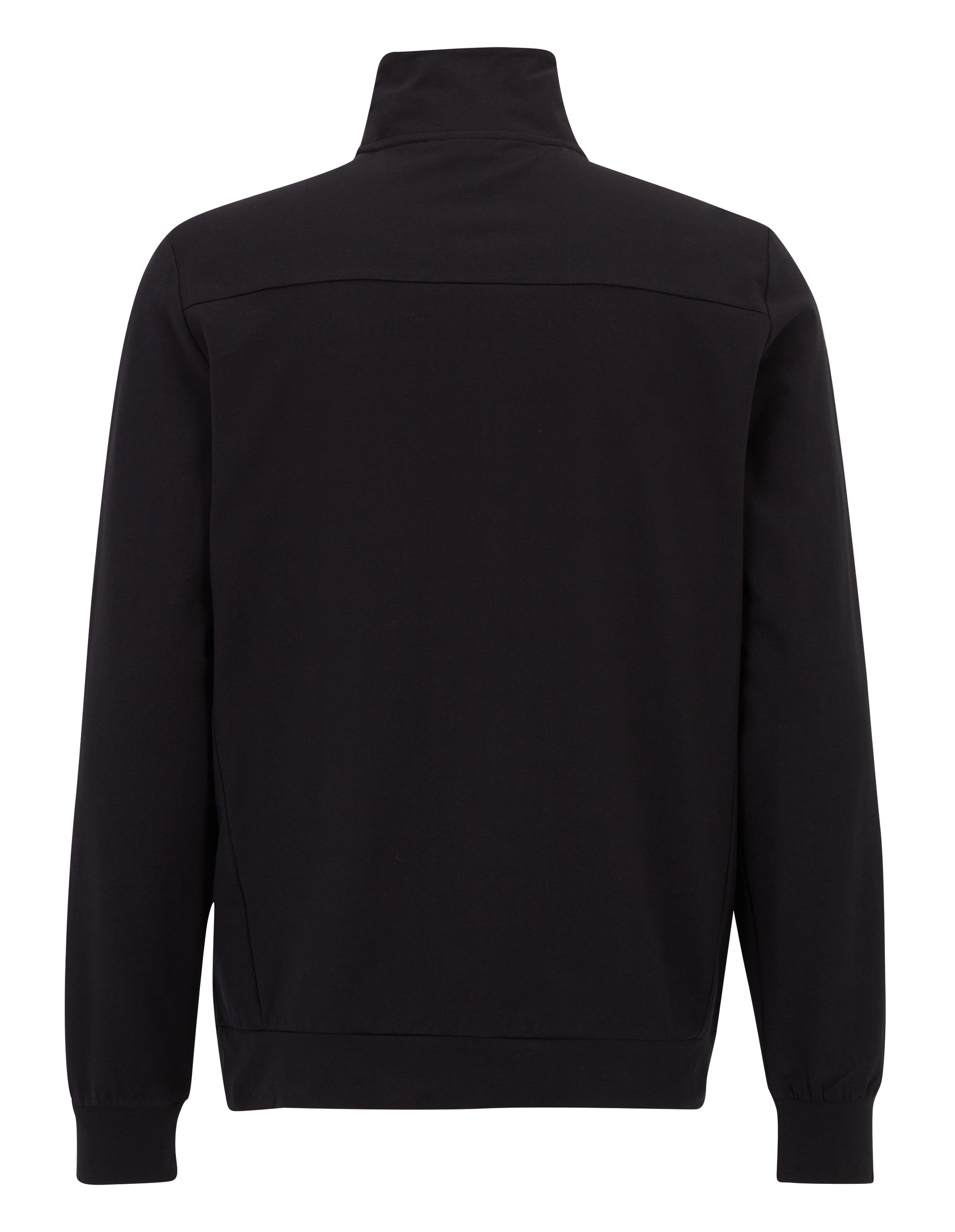 Schwarze Jacke aus glattem Stoff mit hohem Kragen, langen Ärmeln und elastischen Bündchen, von hinten fotografiert.