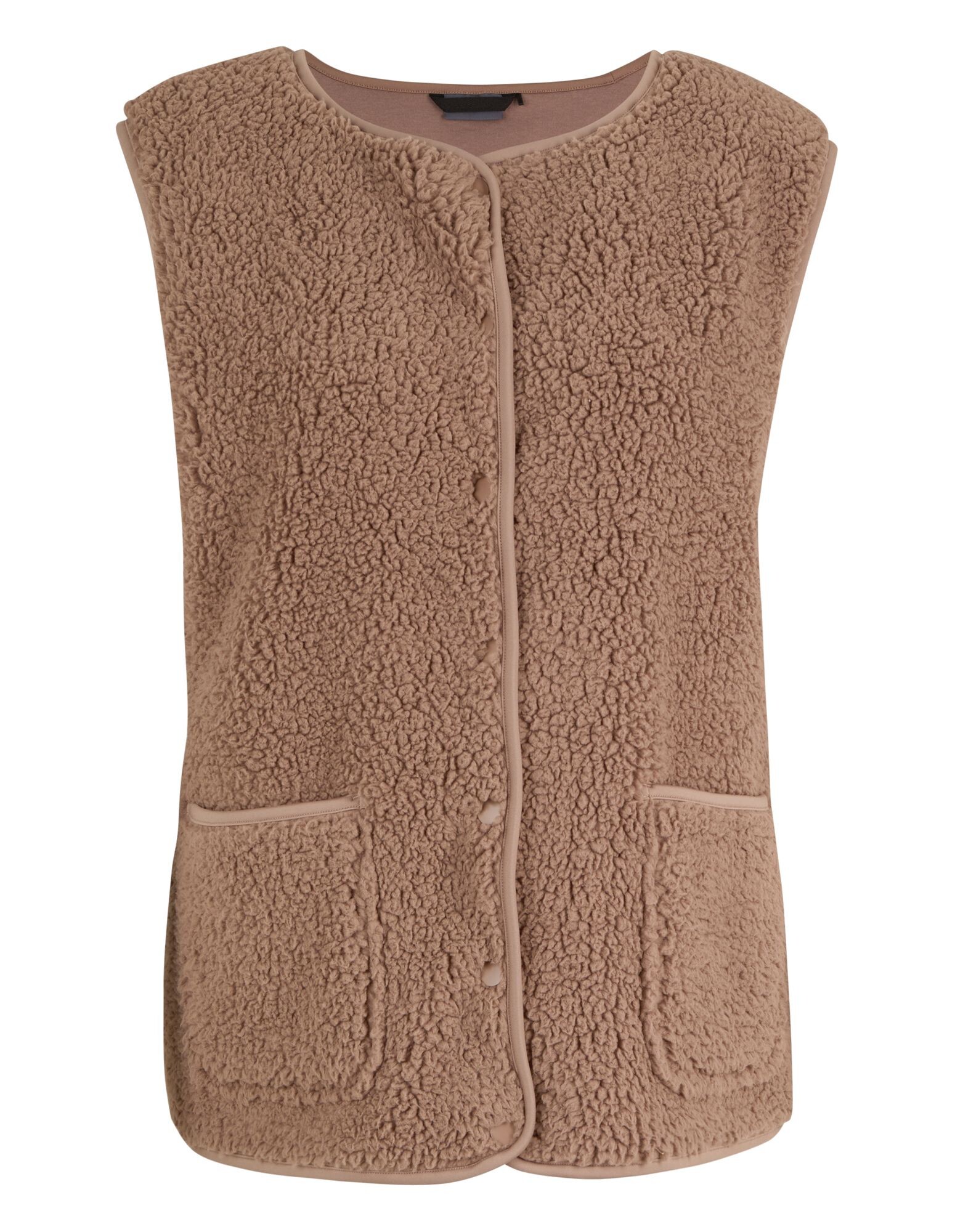 Kuschelige beige Fleeceweste mit Knopfverschluss und Vordertaschen für Freizeitkleidung.