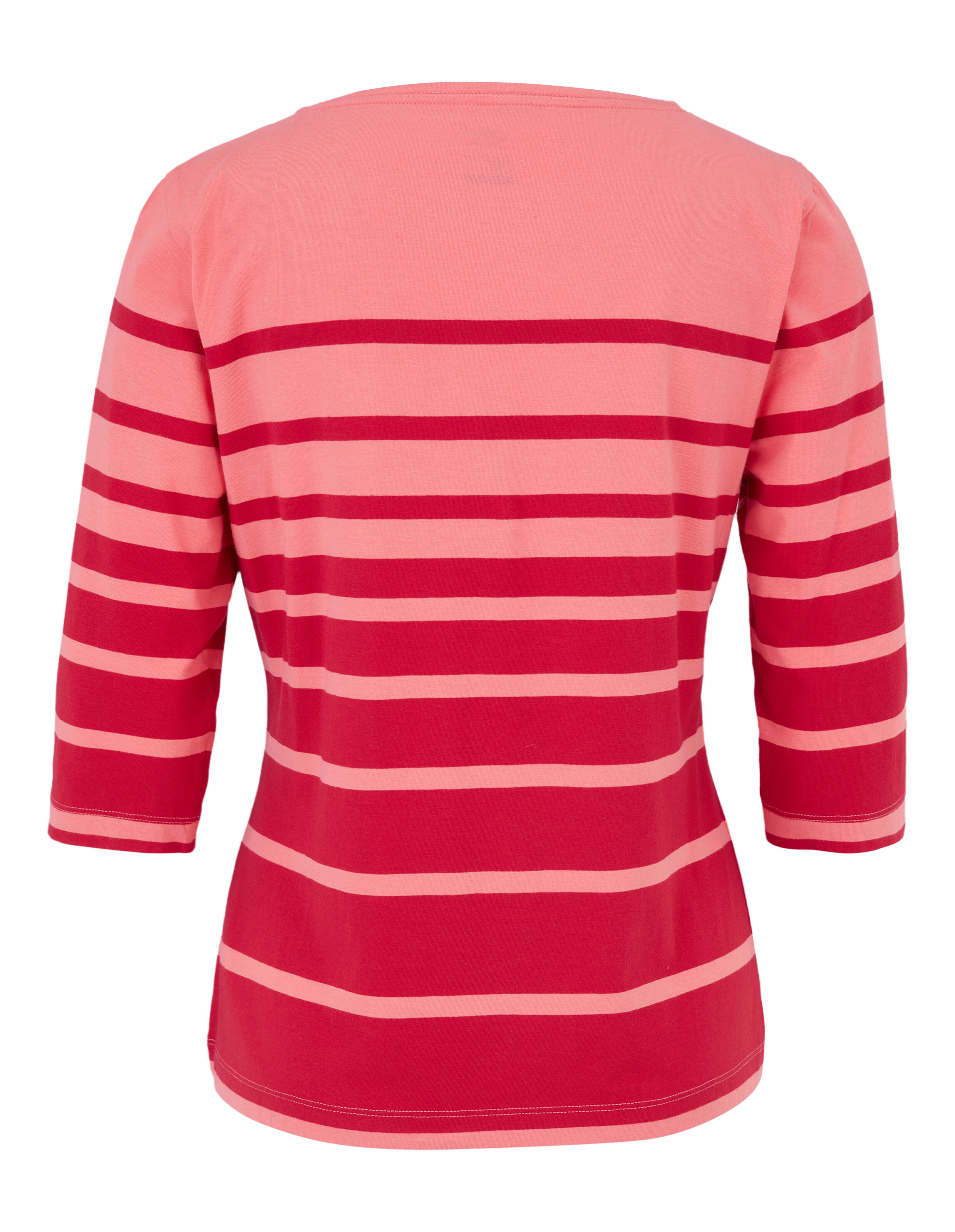 Rotes Dreiviertelarm-Shirt mit horizontalen Streifen in hellrosa und dunklerem Rot, Rückansicht, elegant und lässig zugleich.
