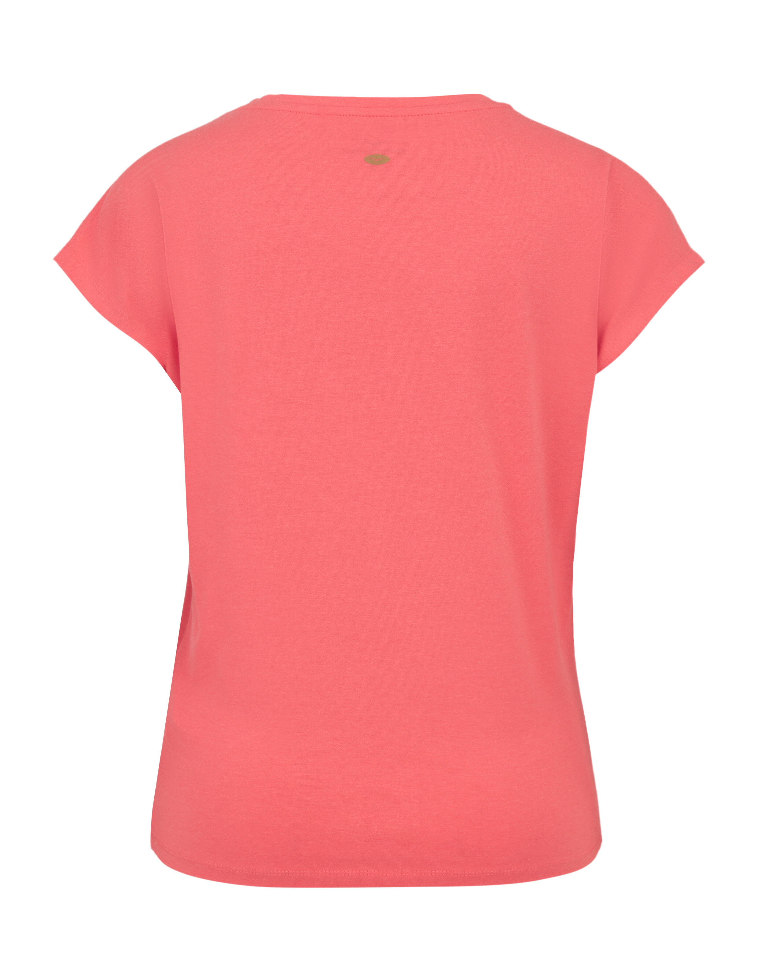 Rückansicht eines korallenrosa Freizeit-T-Shirts mit kurzen Ärmeln.