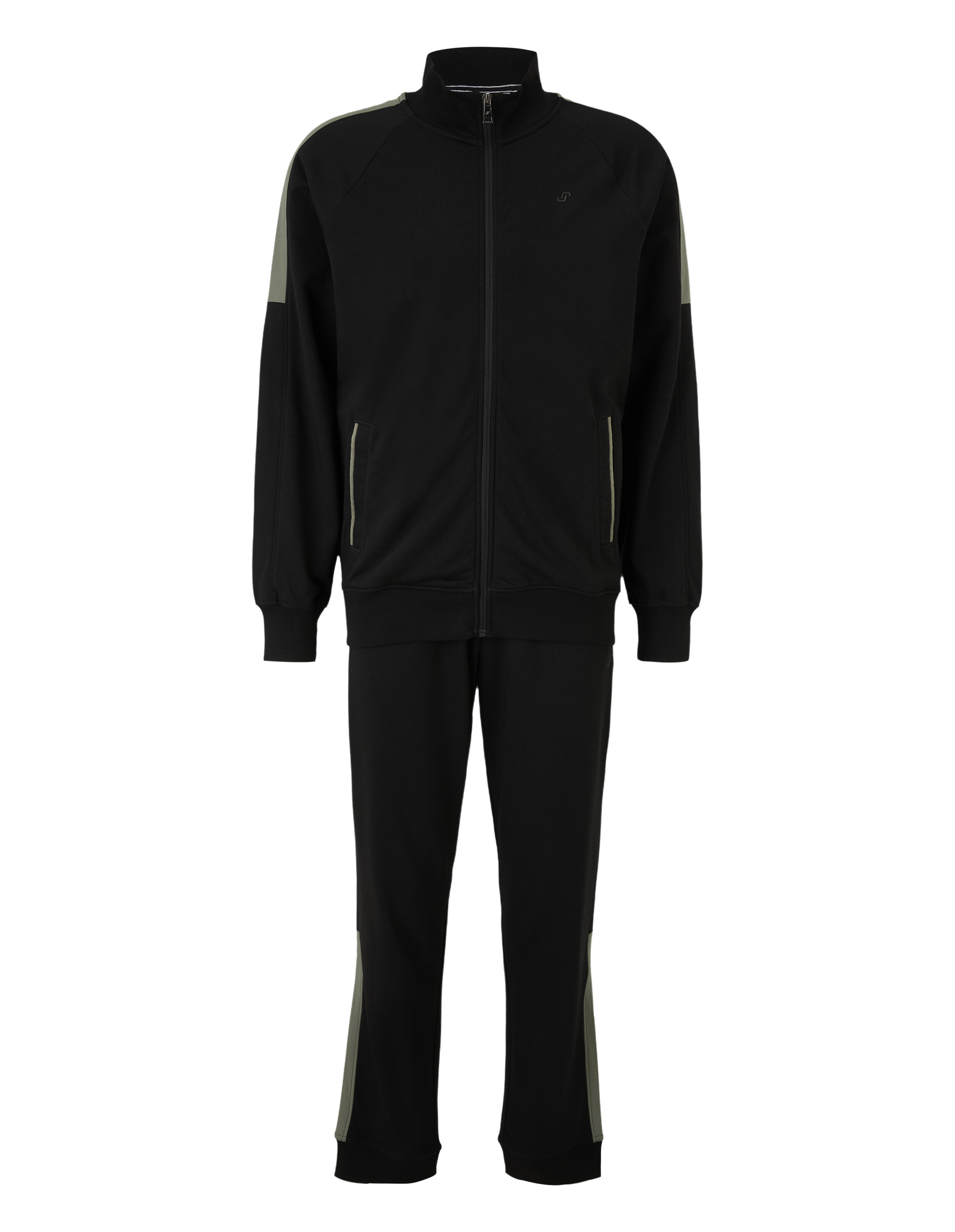 Schwarzer Trainingsanzug mit Reißverschlussjacke, grauen Details an Schultern und Hosenbeinen, sowie Seitentaschen.