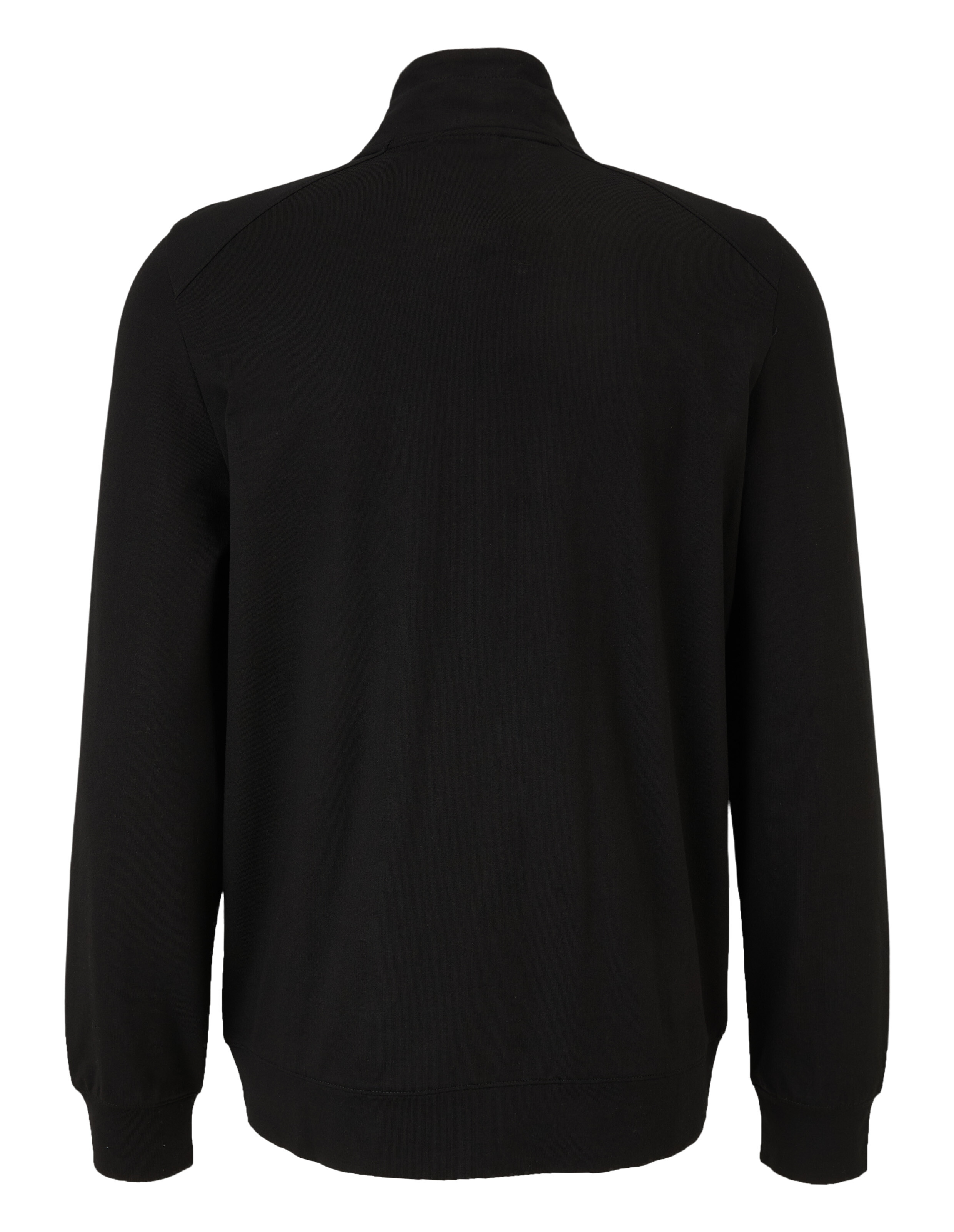 Schwarze Trainingsjacke mit hohem Kragen, durchgehendem Reißverschluss und zwei Reißverschlusstaschen, schlichtes Design.