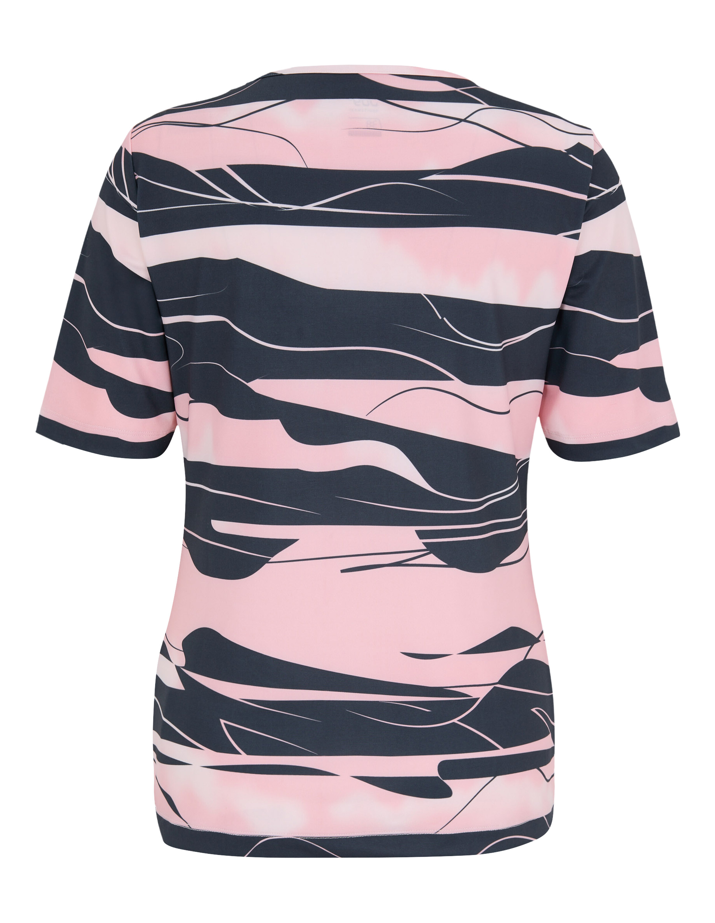 Rückansicht eines rosa und marineblau gestreiften Freizeit-T-Shirts für Damen.