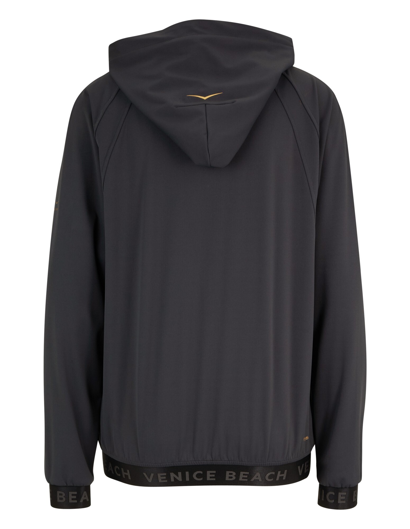 Rückansicht einer schwarzen Kapuzenjacke mit Venice Beach-Branding am Saum.