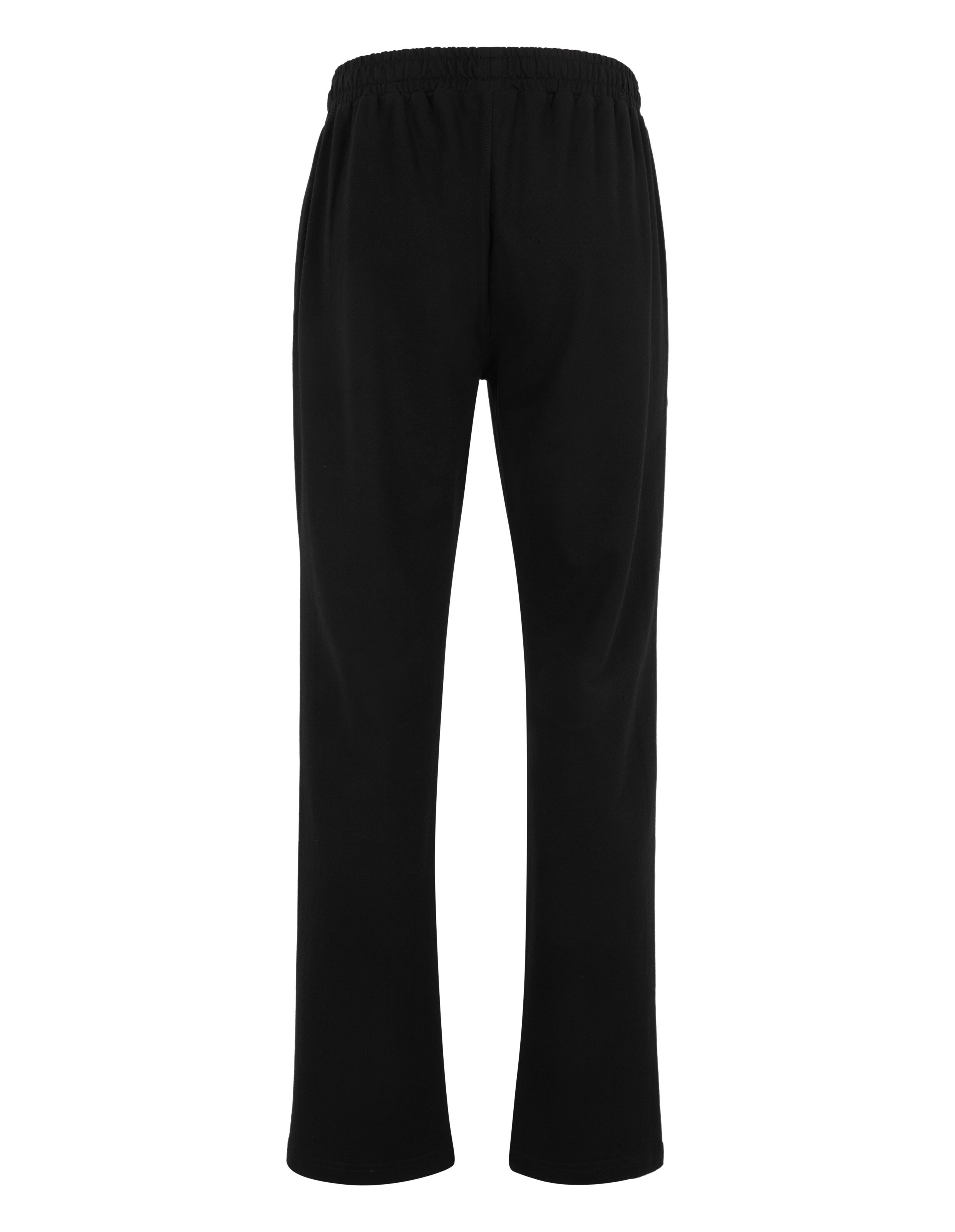 Schwarze gerade geschnittene Jogginghose mit elastischem Bund, ideal für Sport und Freizeit, vor weißem Hintergrund fotografiert.