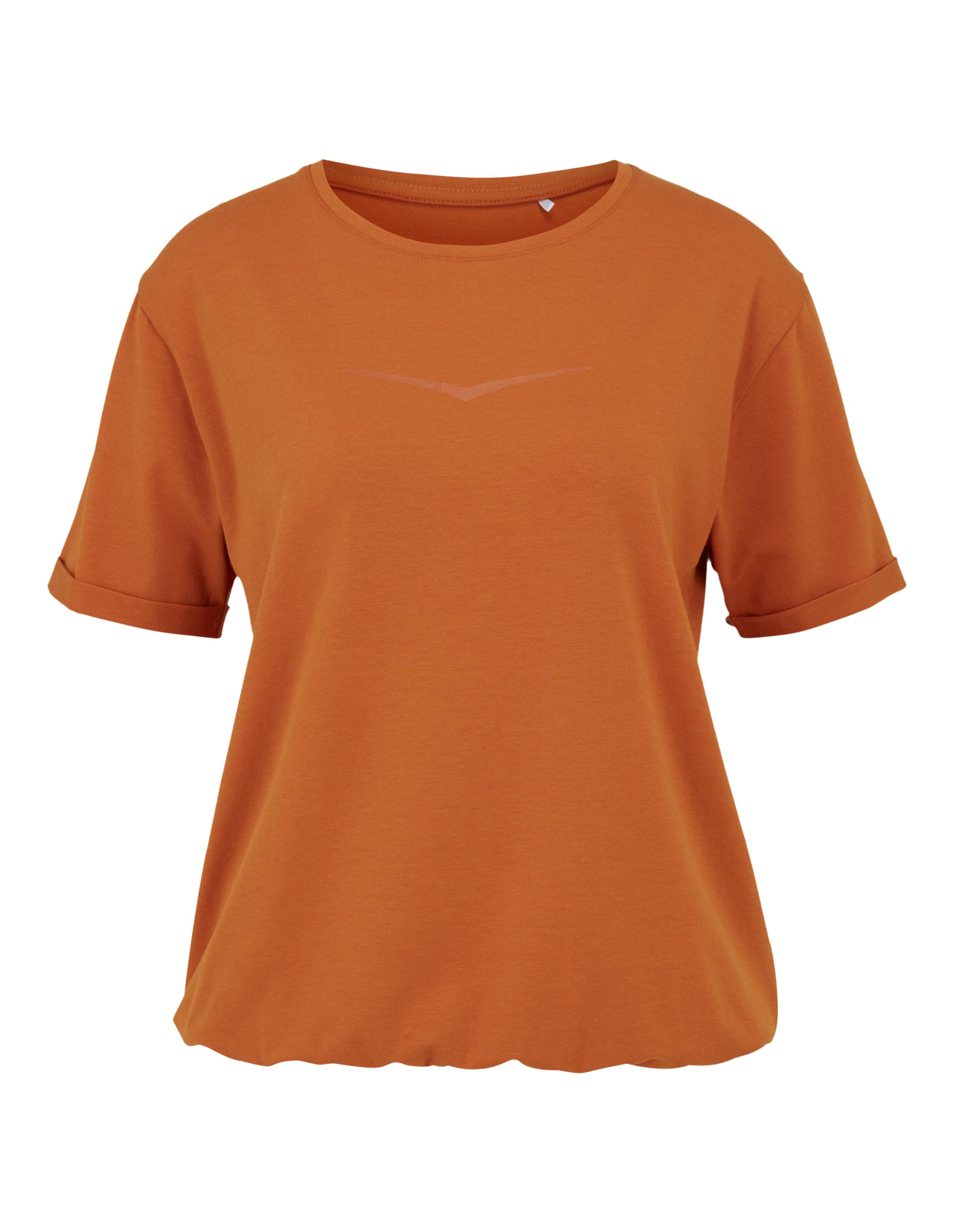 Rostfarbenes Freizeit-T-Shirt mit aufgerollten Ärmeln und dezentem Logo, perfekt für bequeme Loungewear.