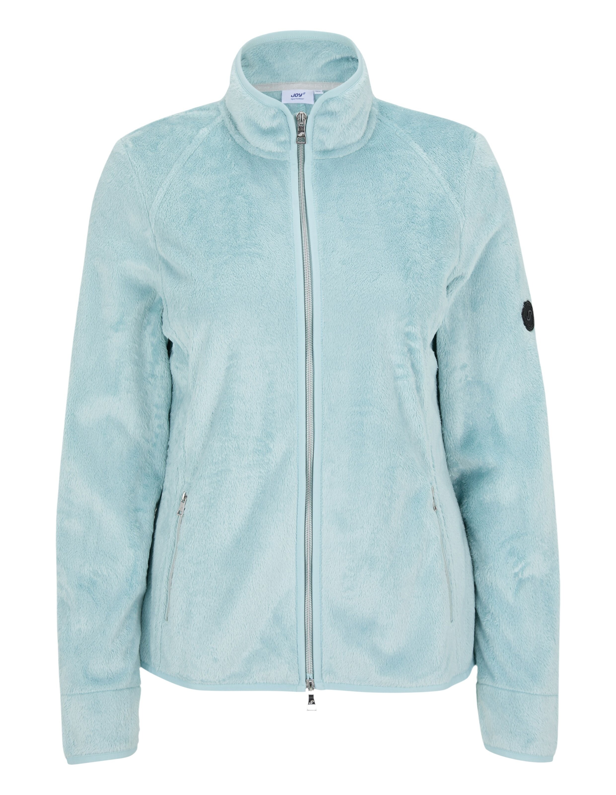 Hellblaue Fleecejacke mit Reißverschluss und Seitentaschen für Freizeitkleidung.