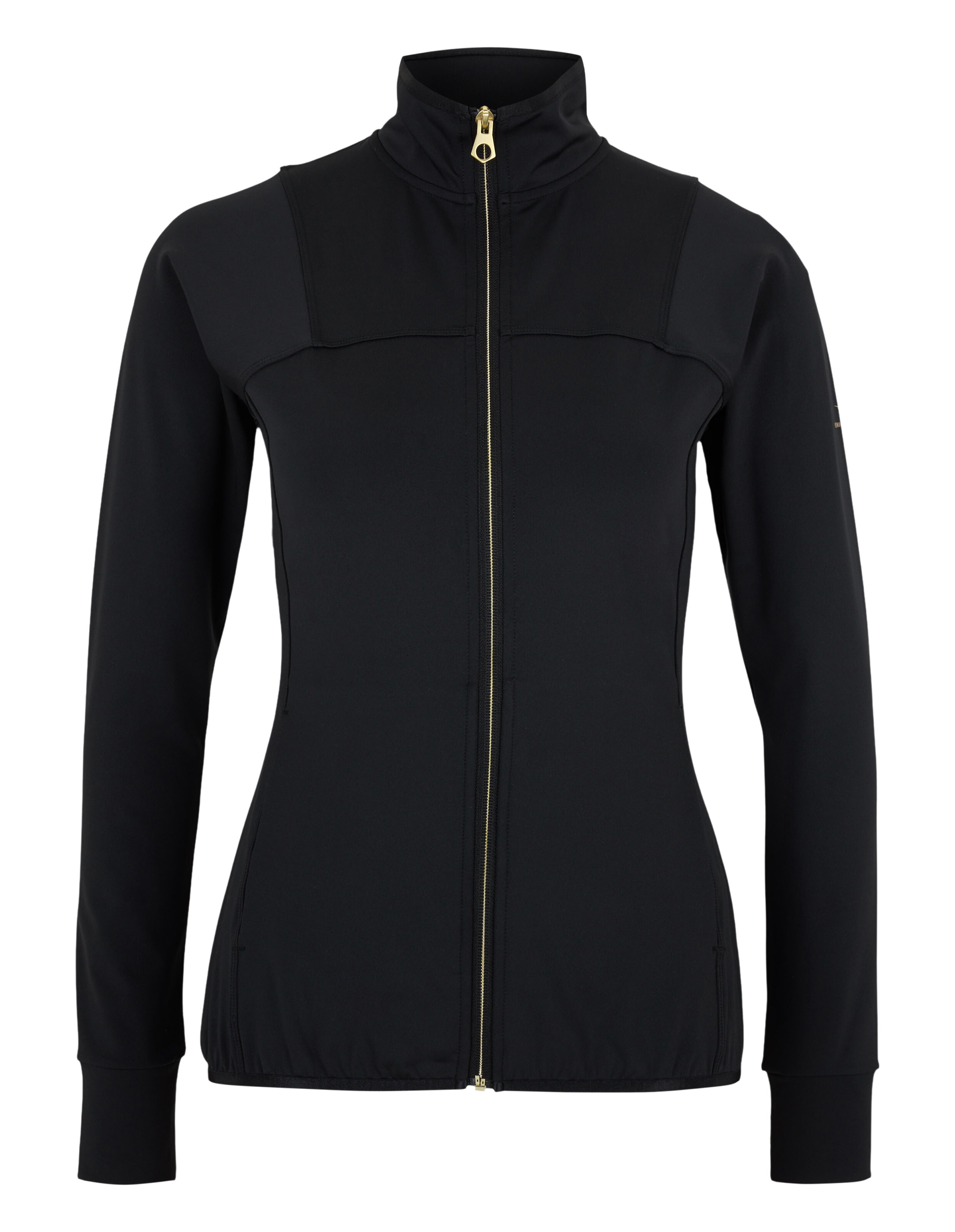 Schwarze ELBSAND-Reißverschlussjacke mit hohem Kragen und goldenem Reißverschluss für lässigen, bequemen Stil.