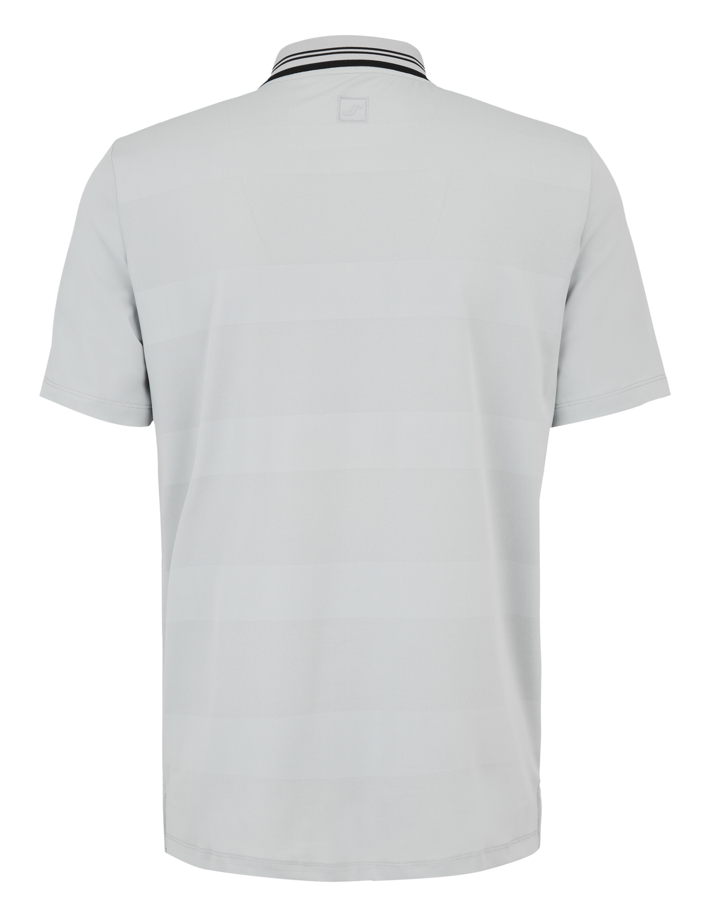 Rückansicht eines hellgrauen Freizeit-Poloshirts mit gestreiftem Kragen für einen bequemen, klassischen Look.
