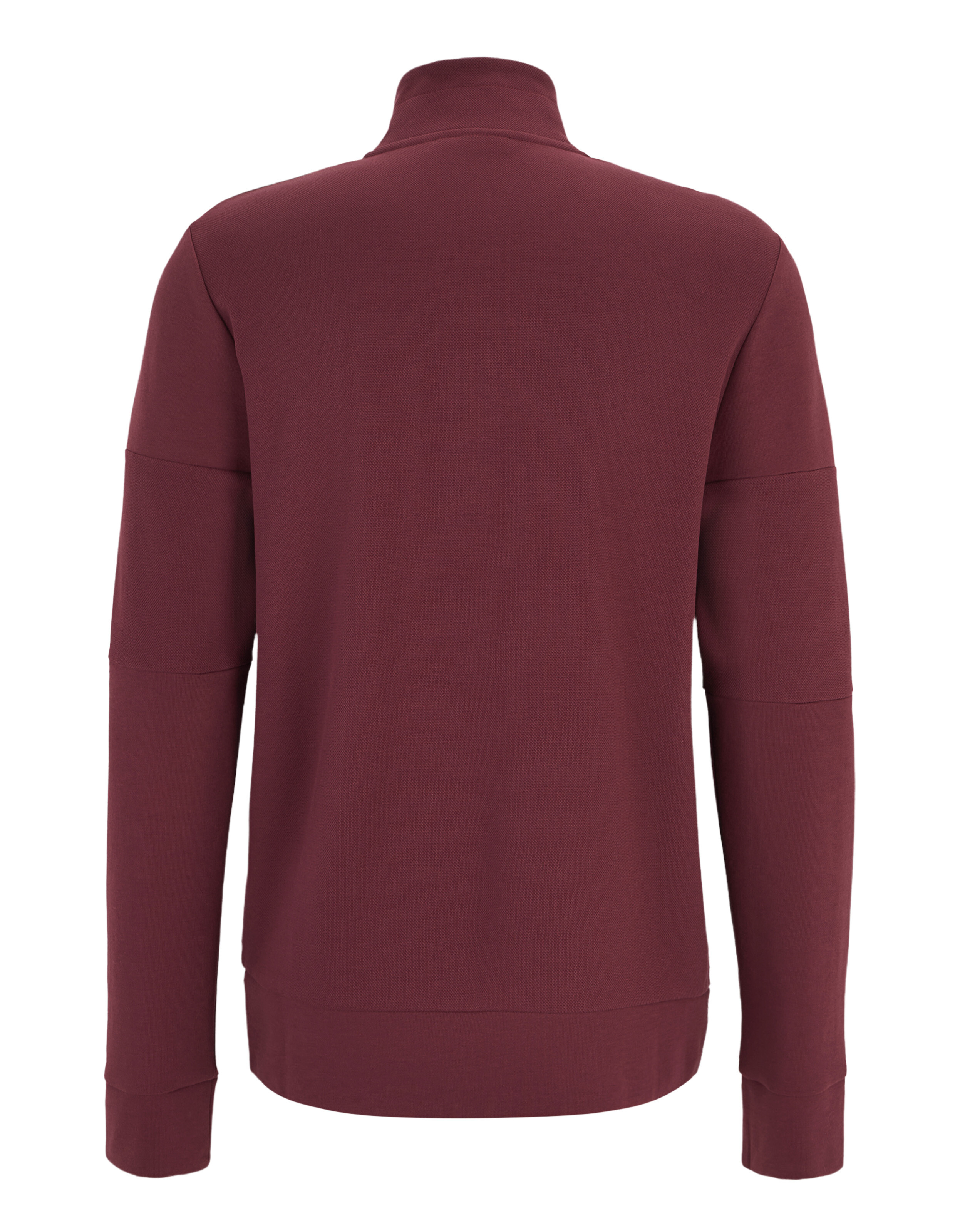 Bordeauxroter Langarm-Pullover mit Stehkragen, glattem Rücken und gerippten Bündchen, aus weichem Stoff und locker geschnitten.