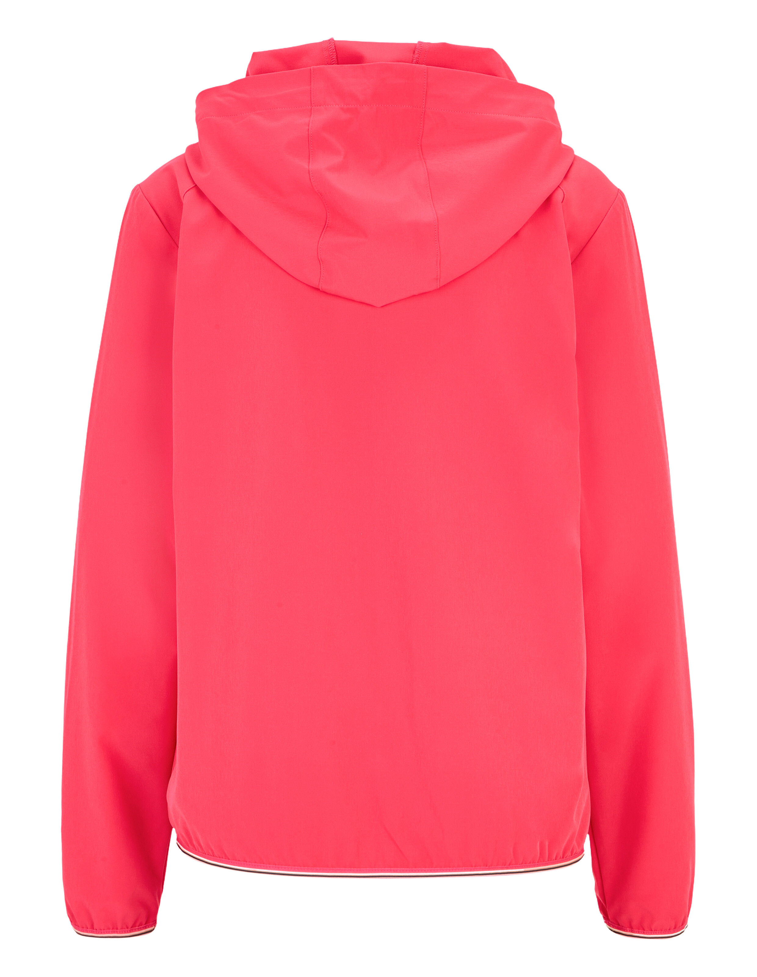 Rückansicht einer knallrosa Freizeitjacke mit Kapuze und elastischen Bündchen.