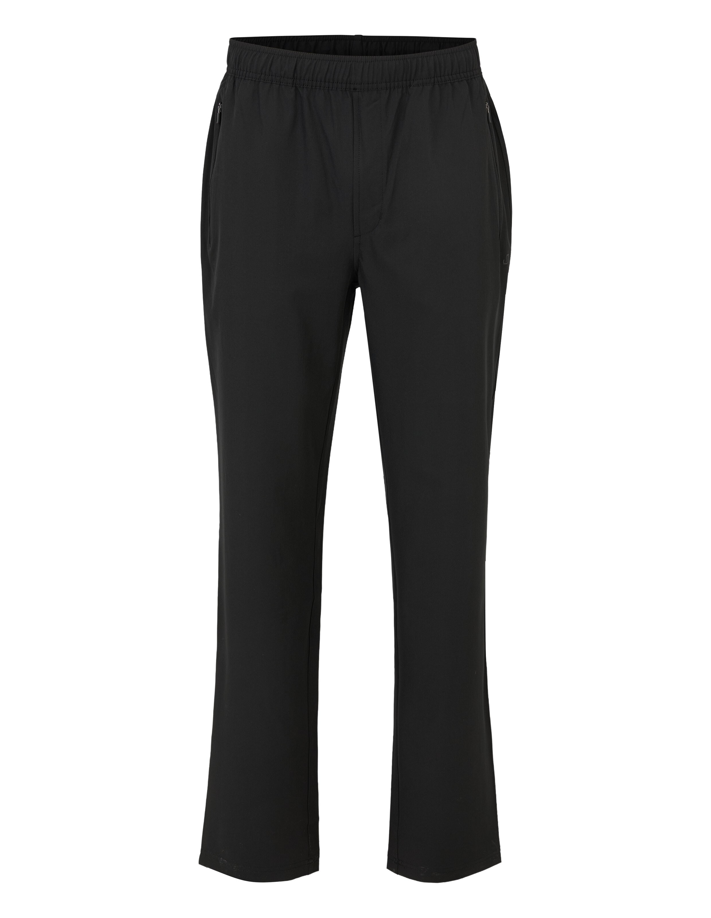 Schwarze Jogginghose mit elastischem Bund, Tunnelzug und seitlichen Reißverschlusstaschen, schmal geschnitten, aus weichem Stoff.