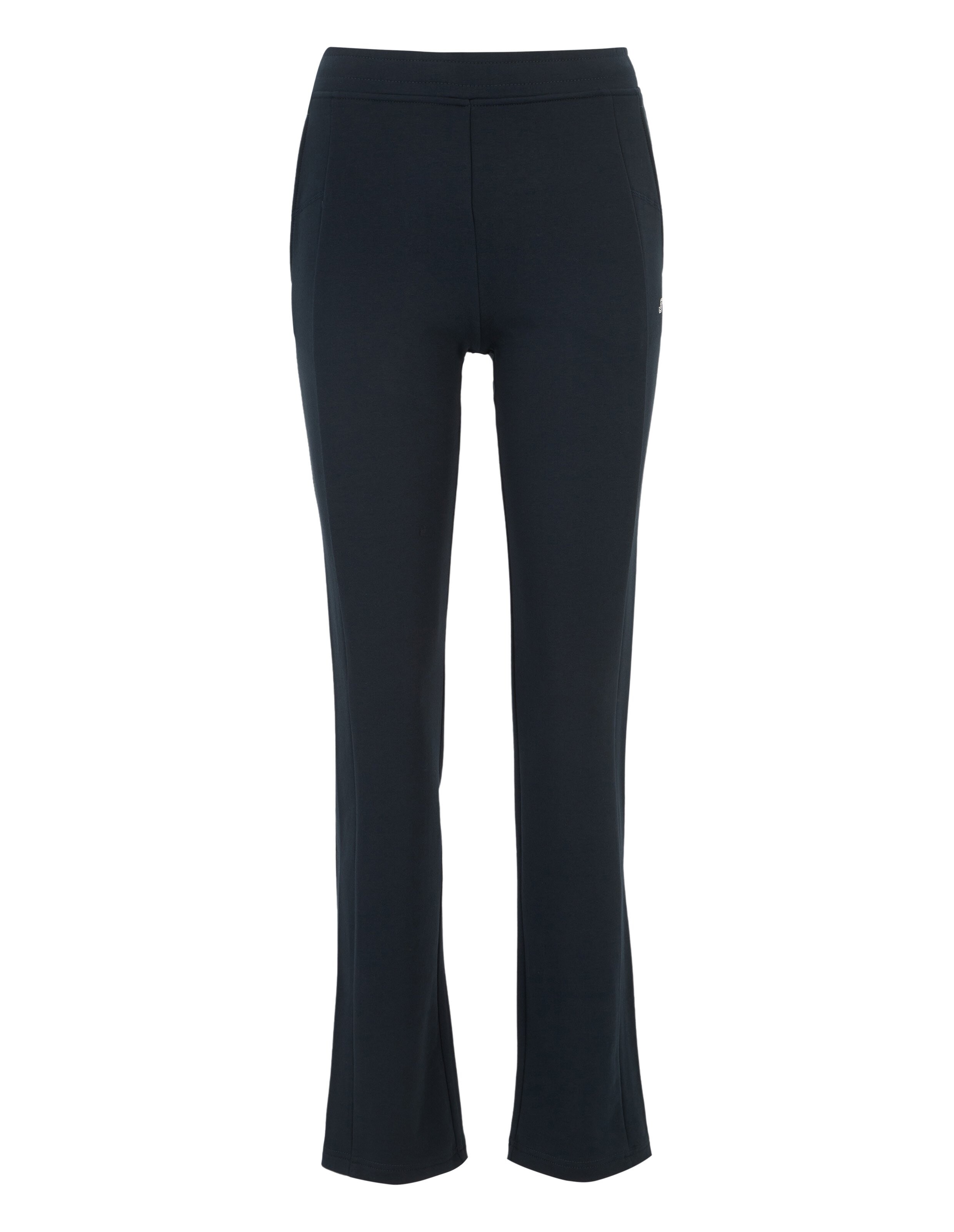 Schwarze, schlichte Hose mit weitem Bein und elastischem Bund, perfekt für komfortable Alltagskleidung oder sportliche Aktivitäten.
