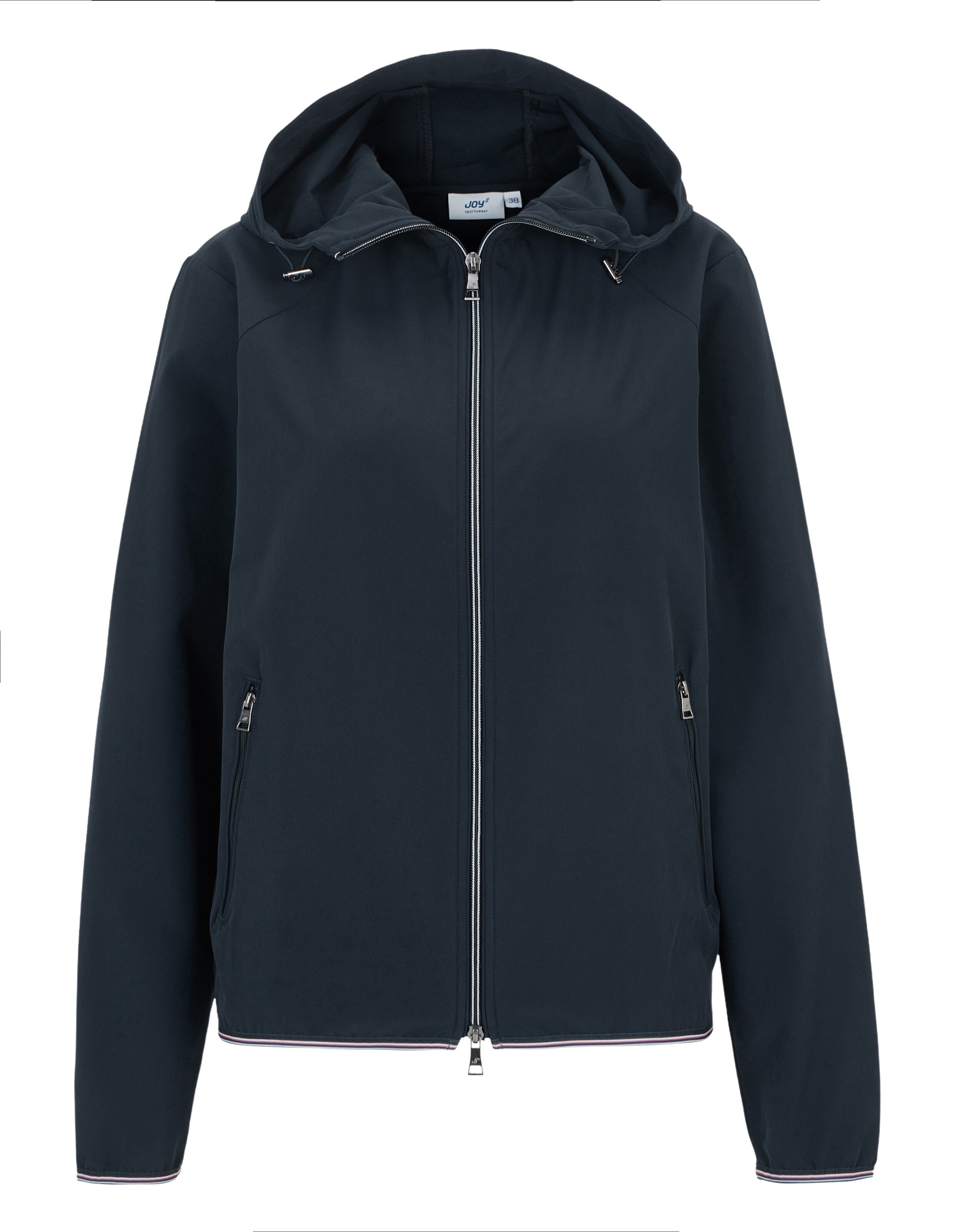 Dunkelblaue lässige Softshelljacke mit Kapuze und Reißverschluss für Damen.