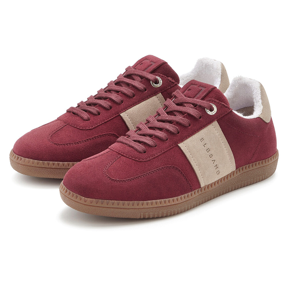 Gemütliche burgunderfarbene Sneaker mit beigen Akzenten, perfekt für Freizeitkleidung.