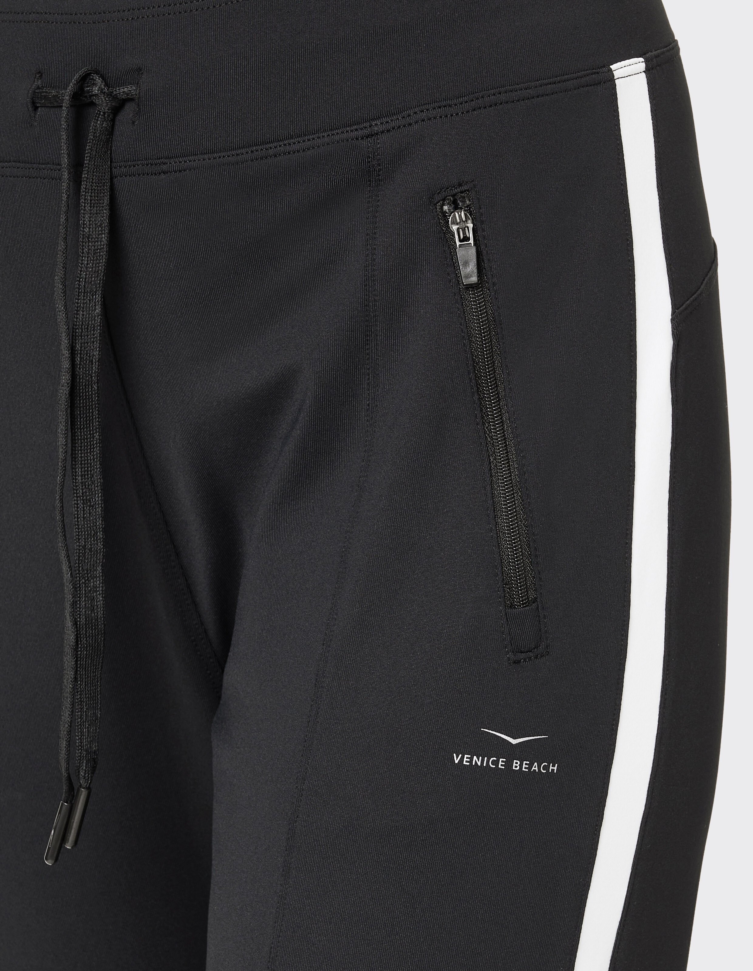 Schwarze Jogginghose „Venice Beach Shenley“ mit weißem Seitenstreifen und Reißverschlusstasche.