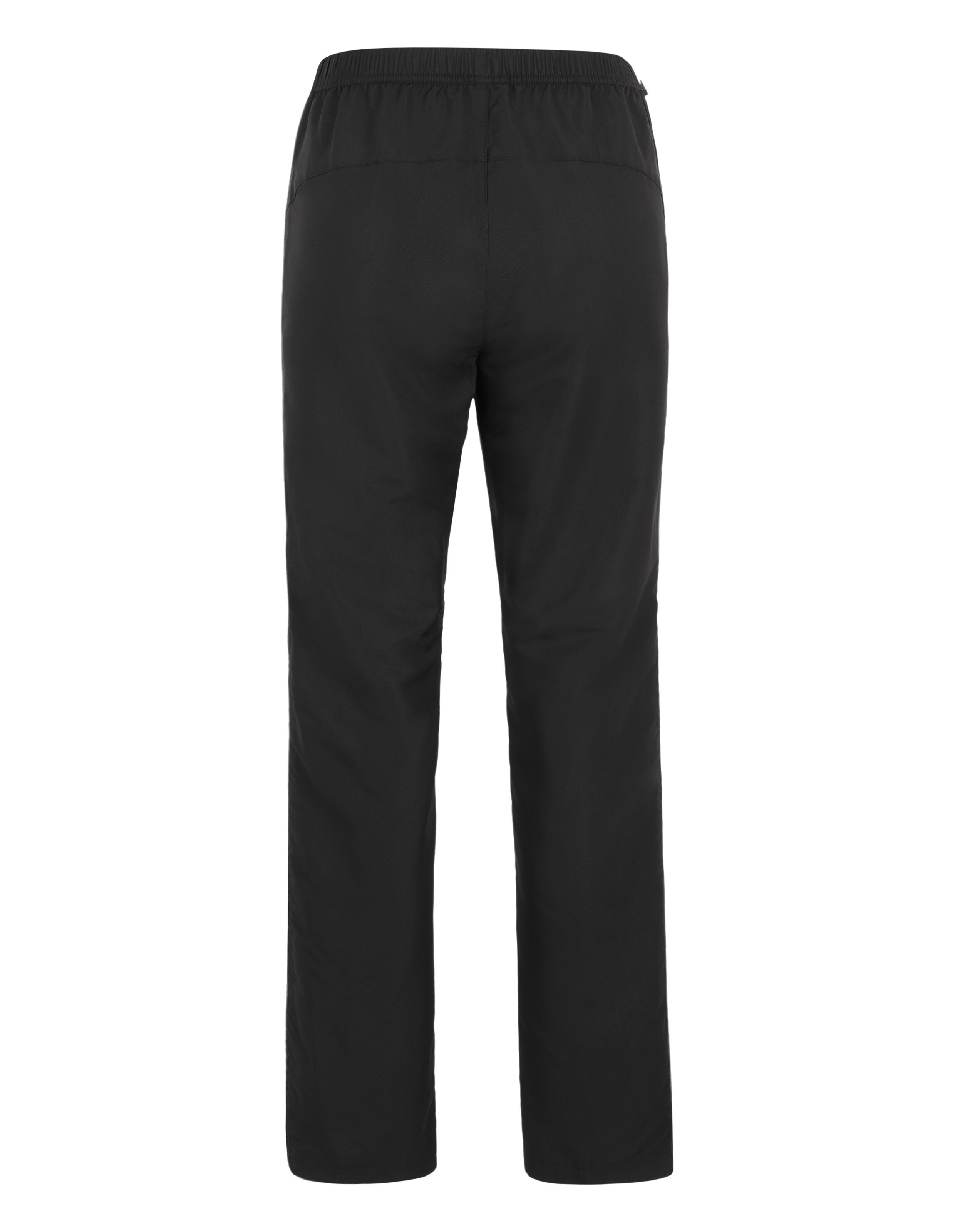 Schwarze Hose mit elastischem Bund und geradem Schnitt, von hinten fotografiert vor weißem Hintergrund.