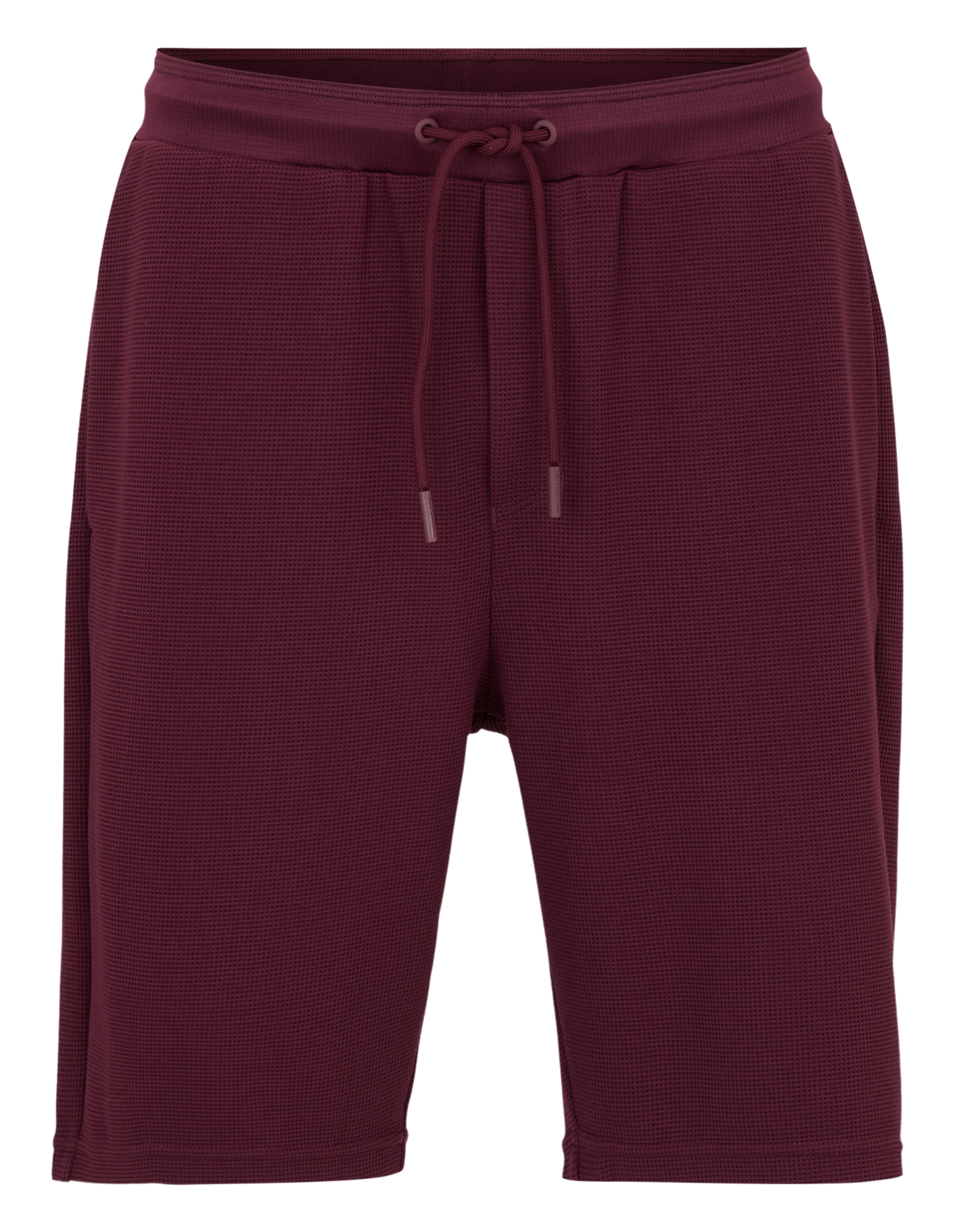 Dunkelrote Shorts mit Waffelmuster und einem Tunnelzugbund.