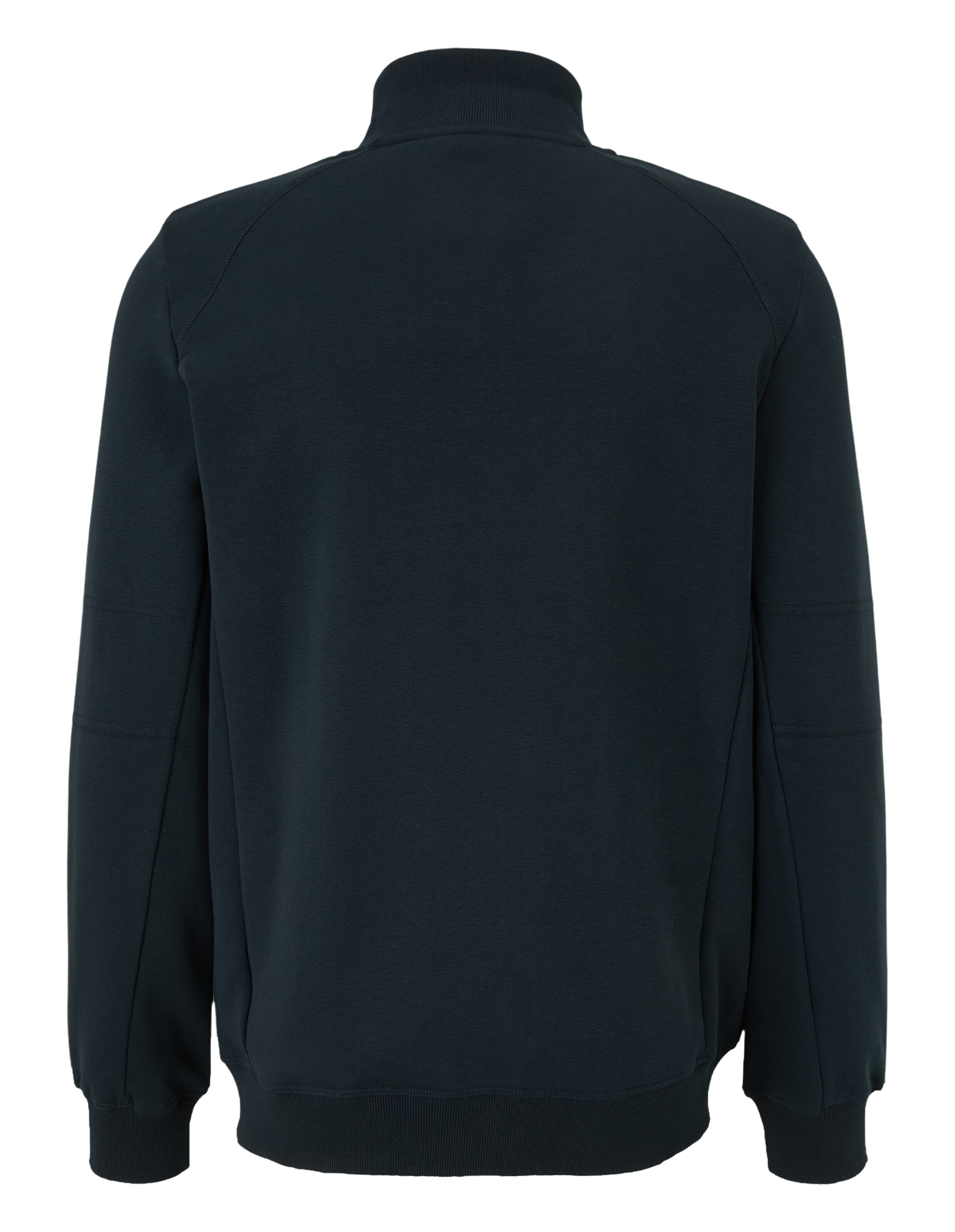 Dunkelblauer Pullover mit Stehkragen, langen Ärmeln und elastischen Bündchen, Rückansicht zeigt schlichtes, einheitliches Design.