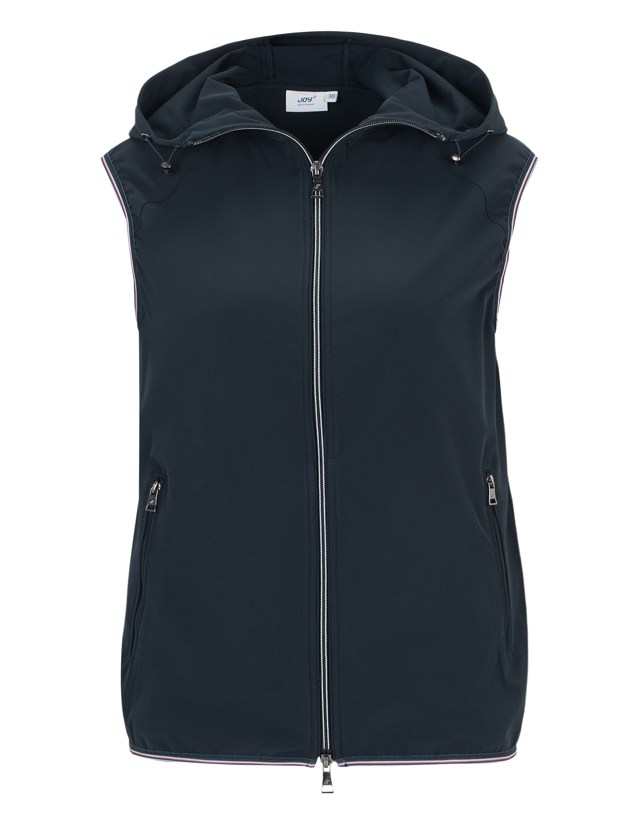 Dunkelmarineblaue Softshellweste mit Kapuze und durchgehendem Reißverschluss für lässige Outdoor-Bekleidung.