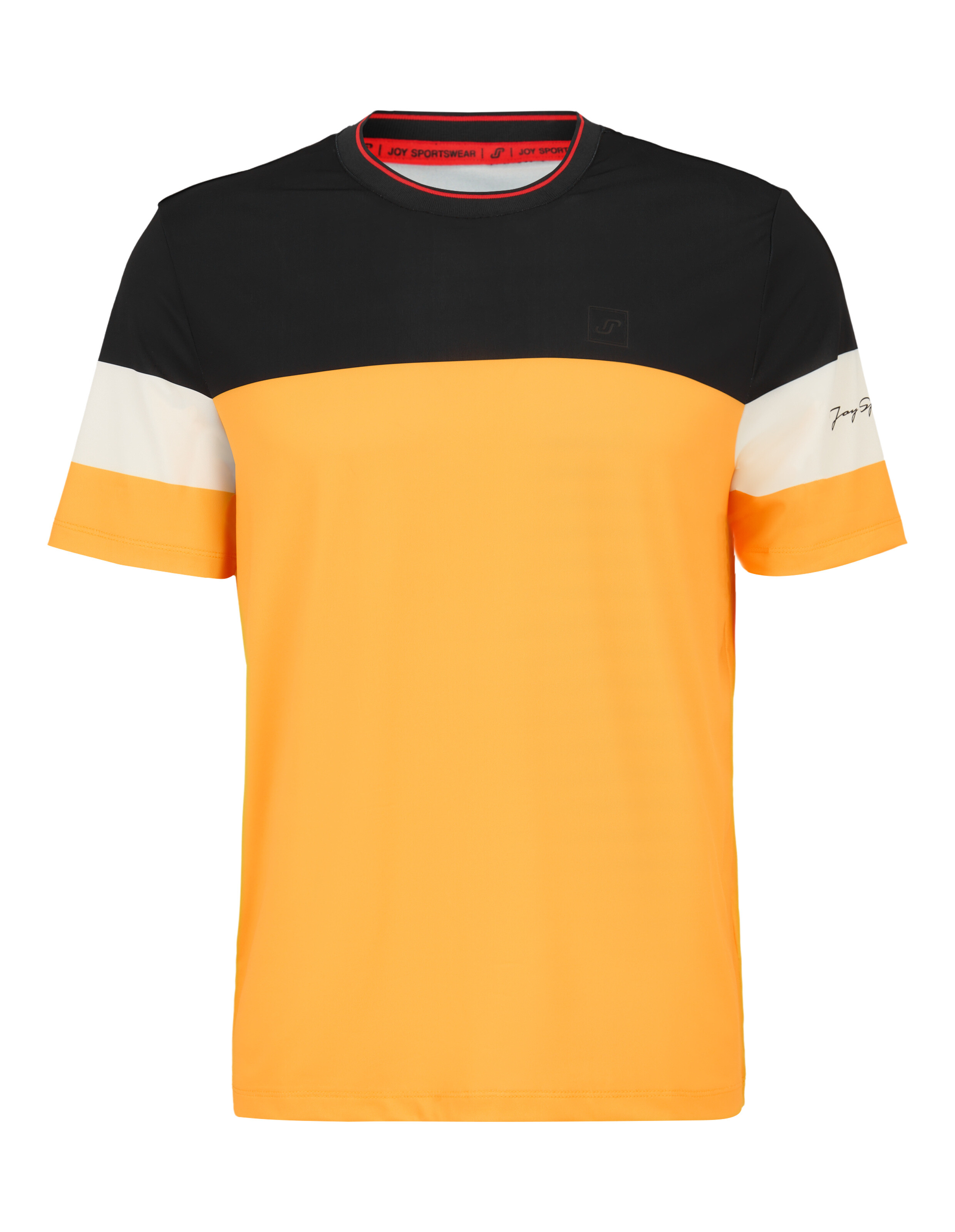 Lässiges Herren-T-Shirt mit Farbblockierung in Schwarz, Weiß und Orange für bequemes Tragen im Alltag.