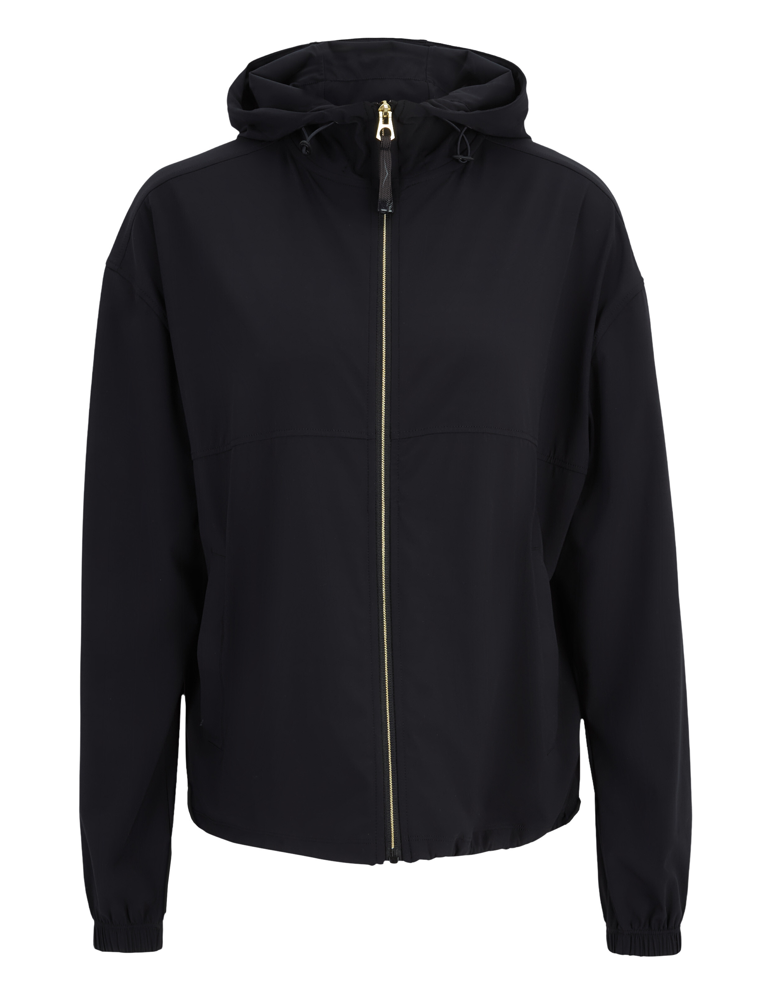 Schwarze, lässige Kapuzenjacke mit Reißverschluss und goldfarbenen Beschlägen für bequemes Tragen auf Reisen.
