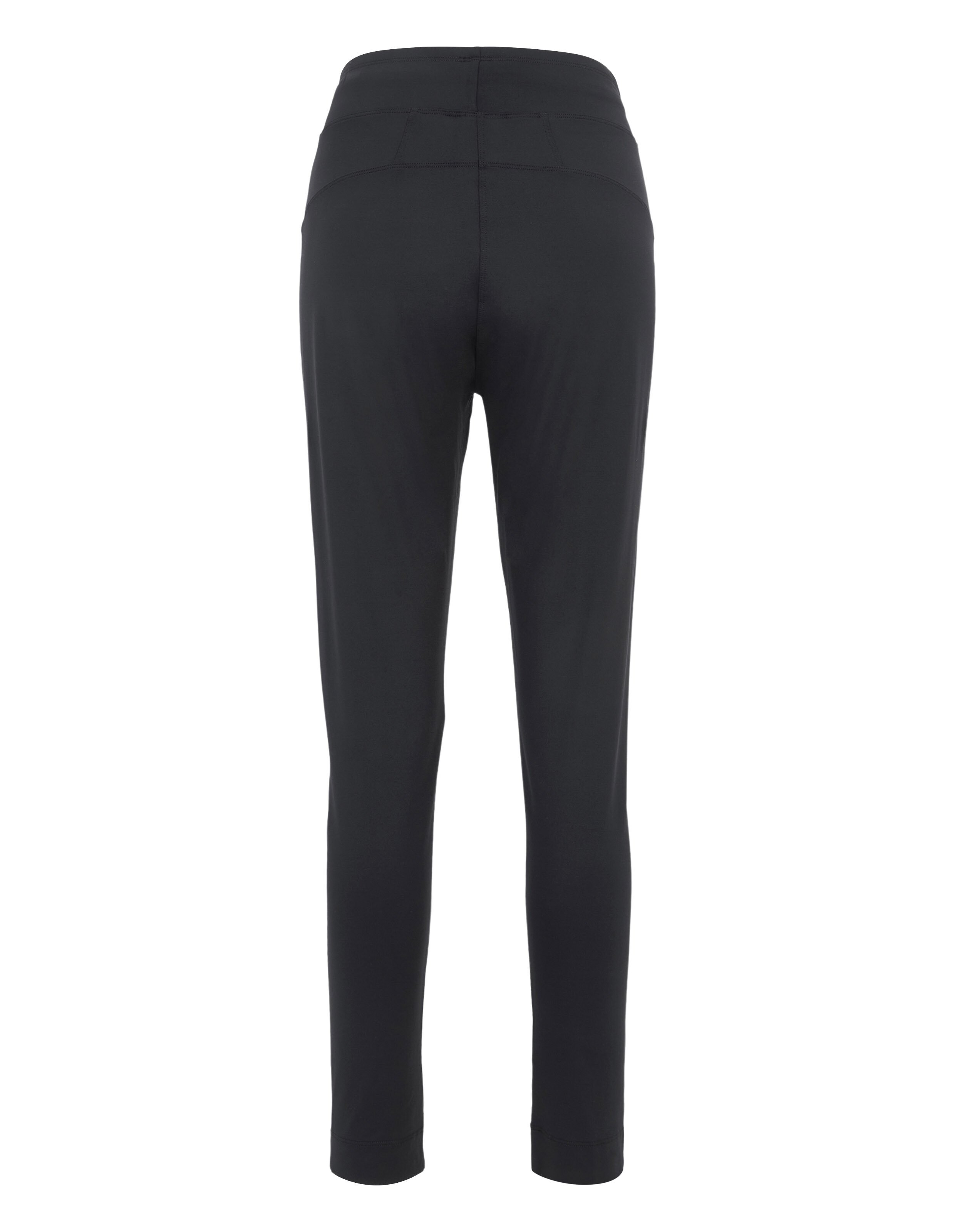 Rückansicht einer eleganten schwarzen Freizeithose mit bequemem Bund.