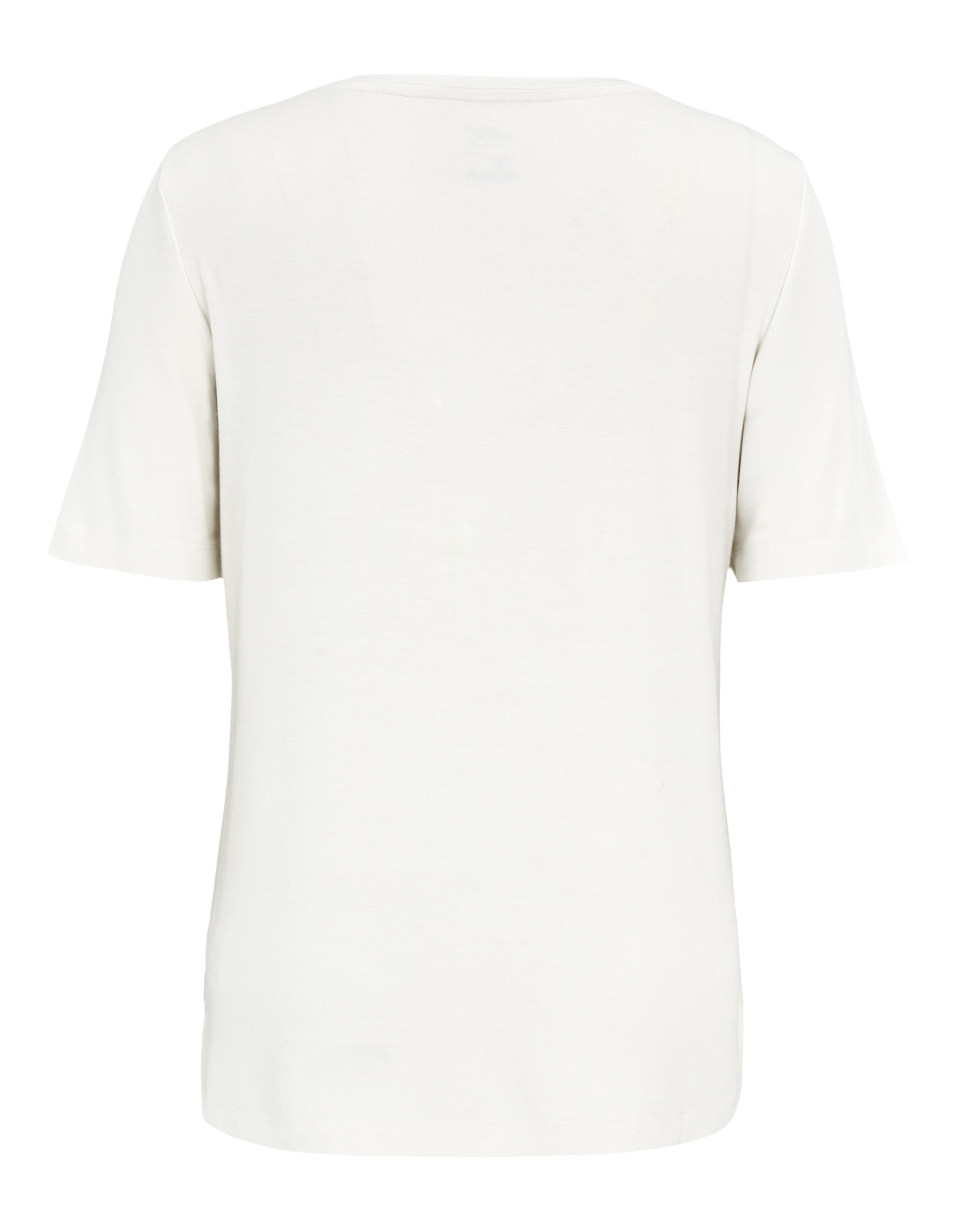 Rückansicht eines hellbeigen, kurzärmeligen Freizeit-T-Shirts für Damen.