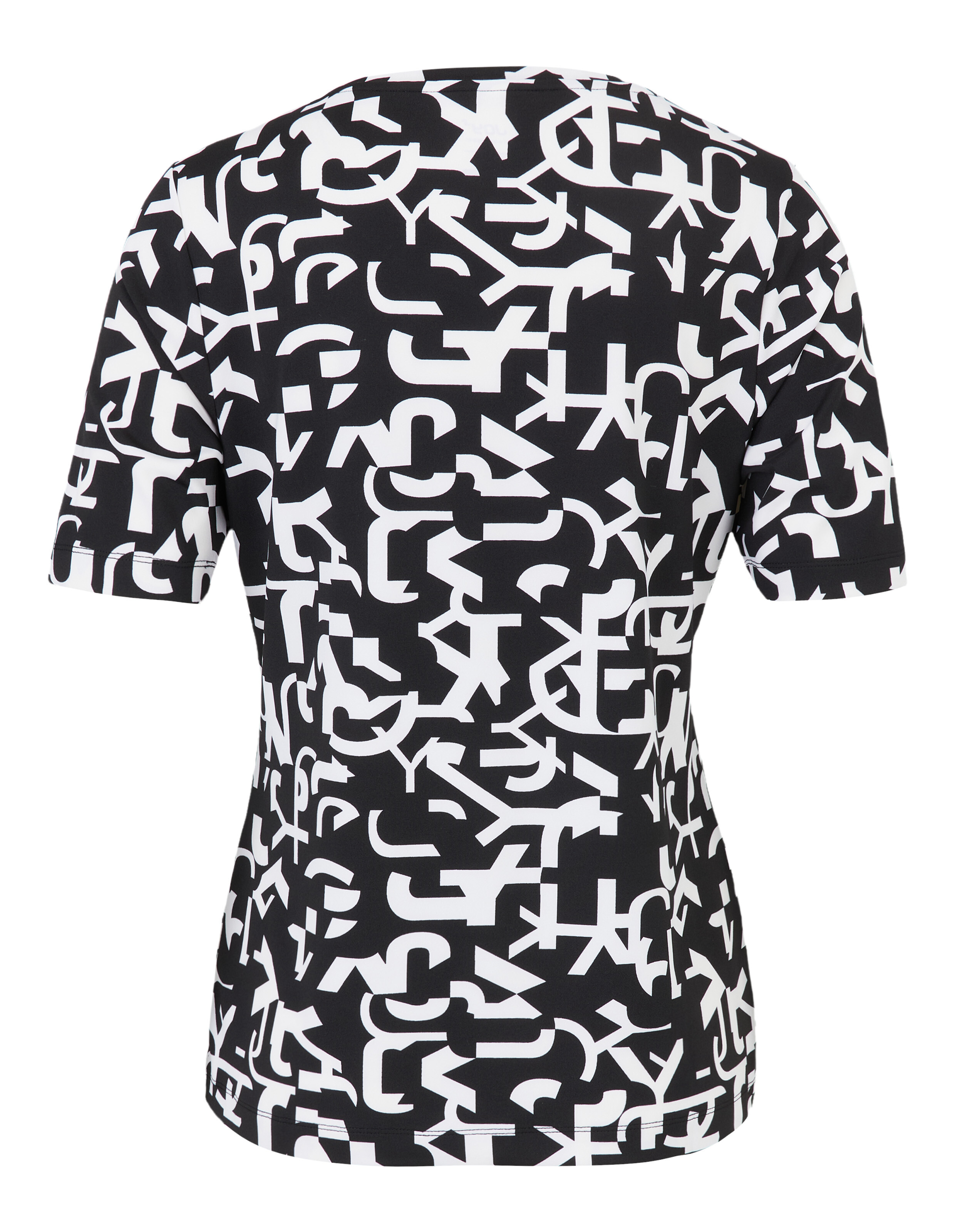 Schwarz-weißes grafisches T-Shirt mit abstrakten Mustern, kurzen Ärmeln, lässiger Stil.