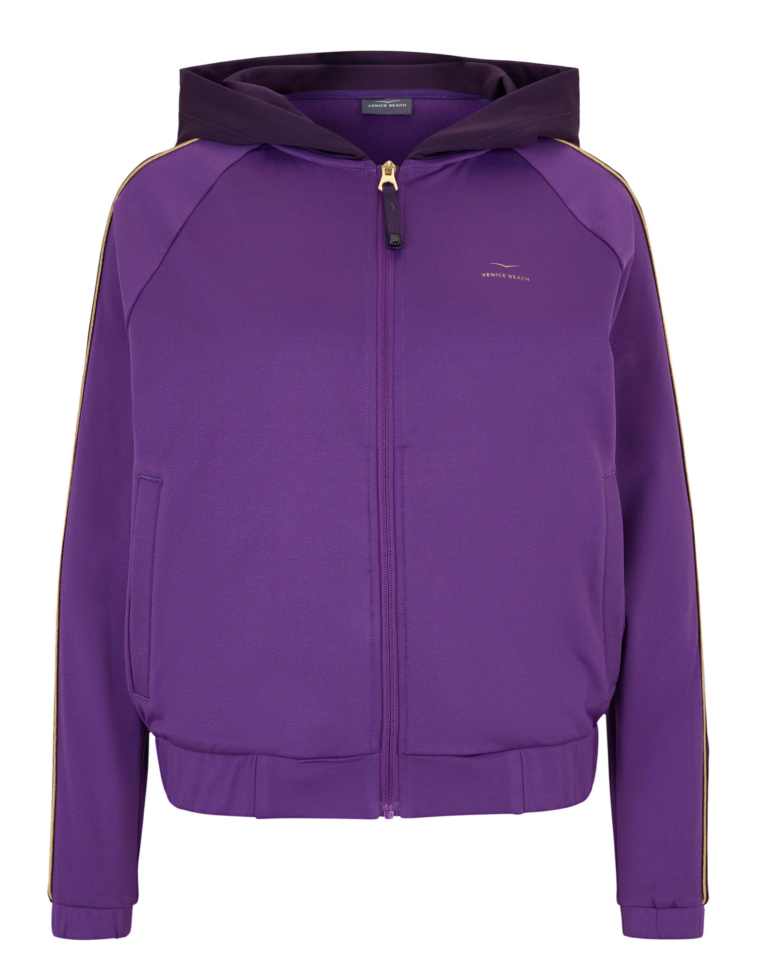 Lila Kapuzenpullover mit Reißverschluss und goldenen Akzenten, perfekt für Freizeitkleidung.