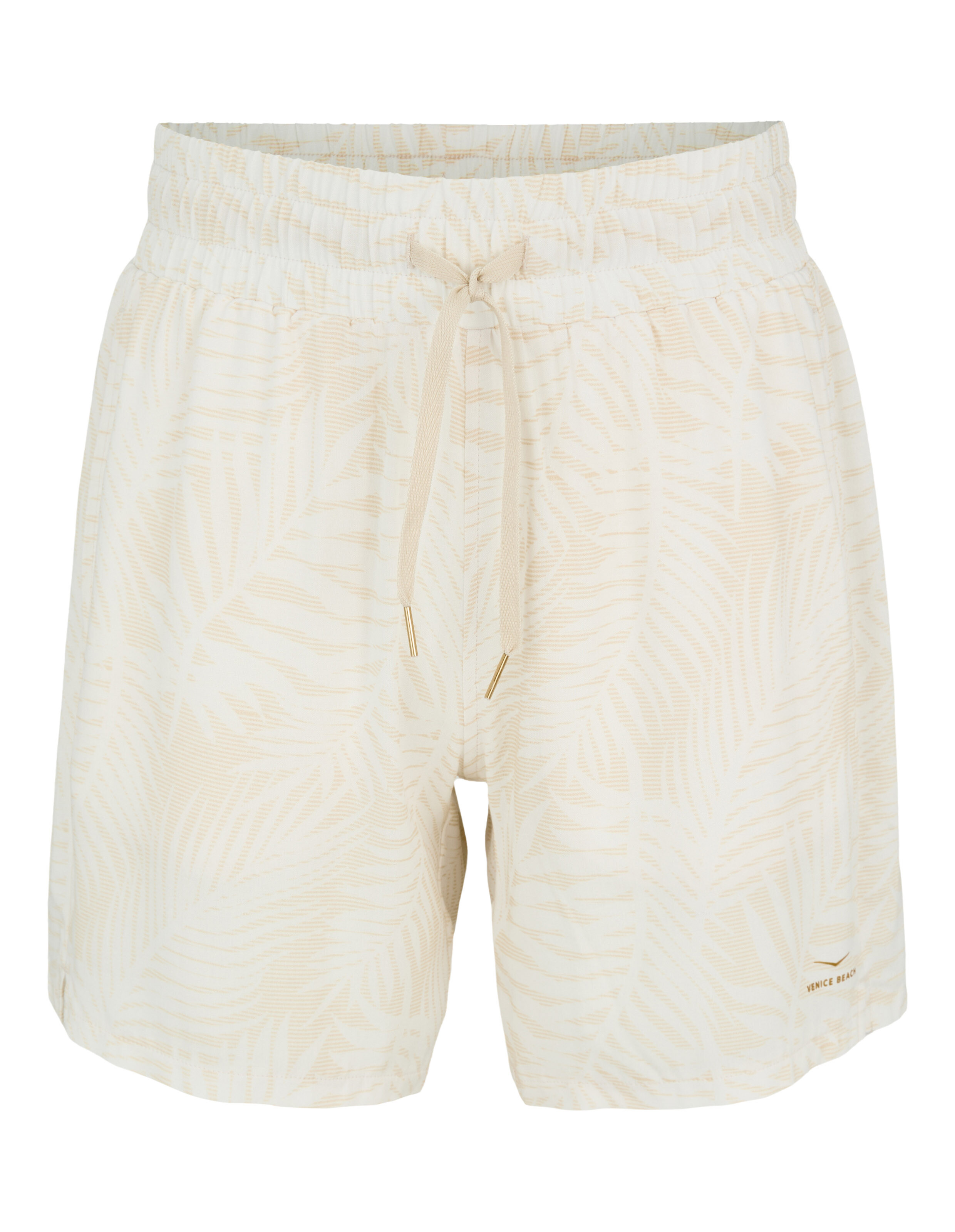 Lässige Lounge-Shorts in Beige und Weiß mit tropischem Blattmuster und Kordelzug in der Taille.