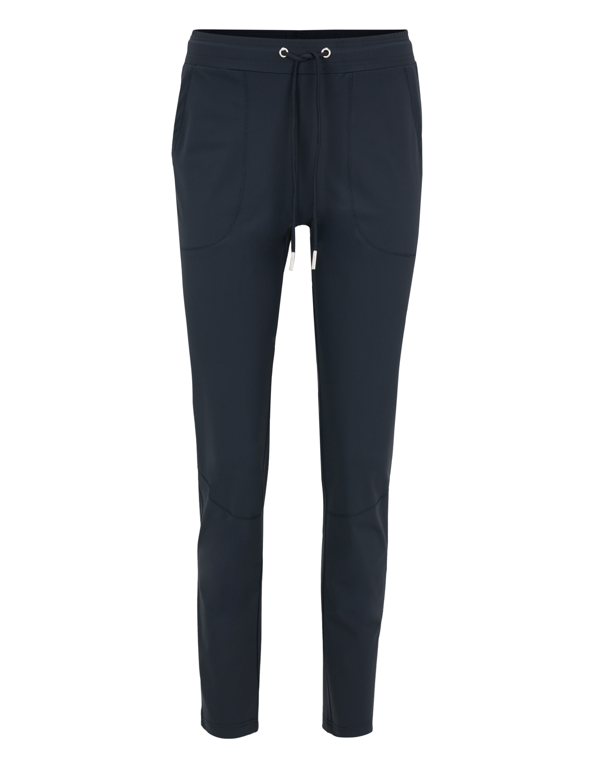 Dunkelblaue Jogginghose mit elastischem Bund, Kordelzug und Taschen, aus weichem Material für Komfort und Freizeit geeignet.