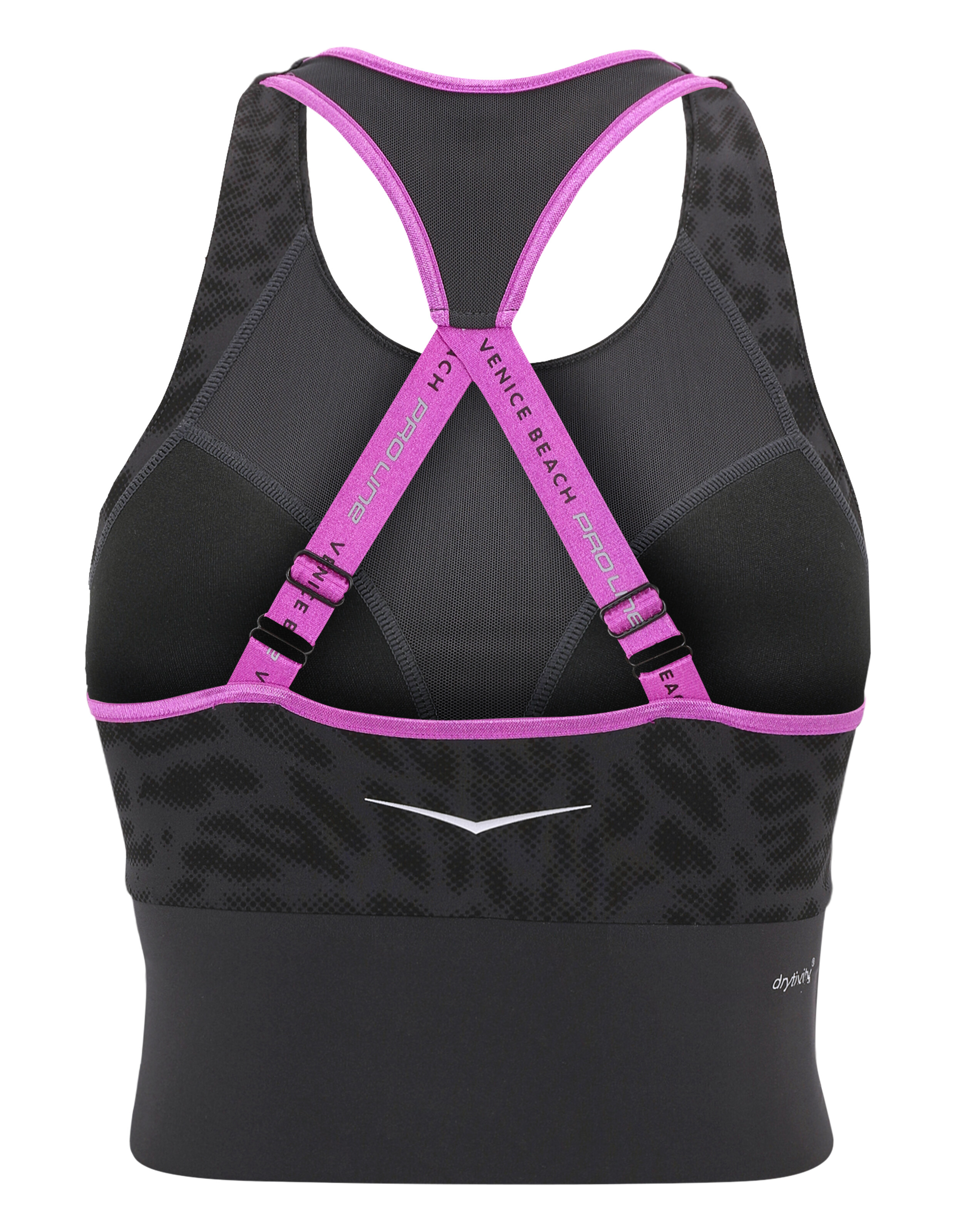Venice Beach Top Buffalo, schwarzer Sport-BH mit lila Trägern und Animal-Print-Details.