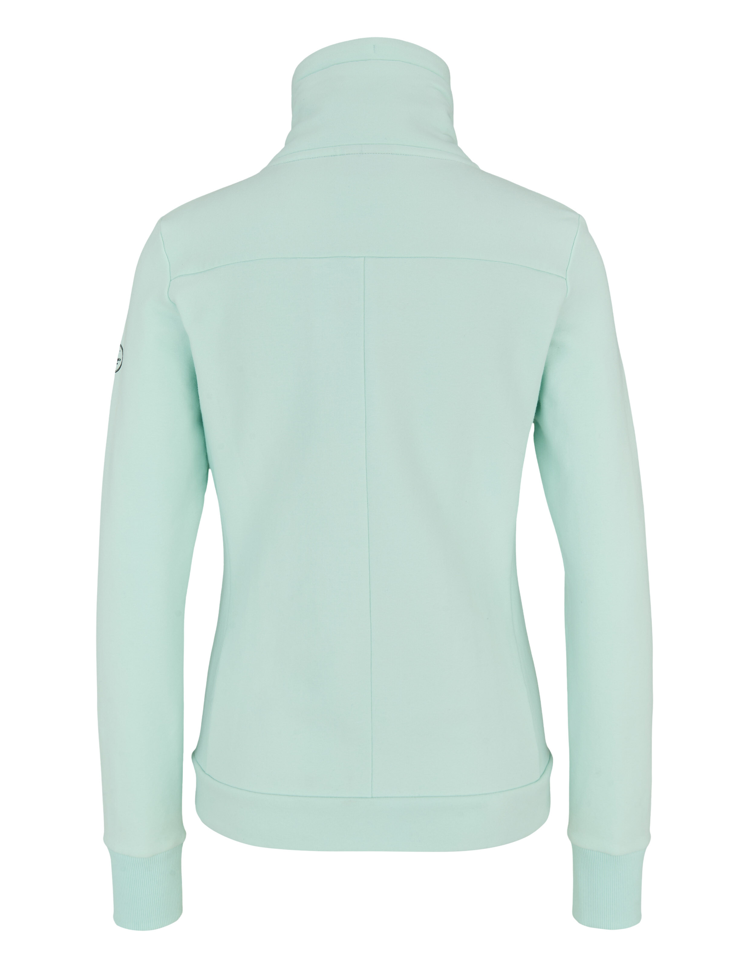 Rückansicht einer mintgrünen Freizeitjacke mit hohem Kragen und tailliertem Design.