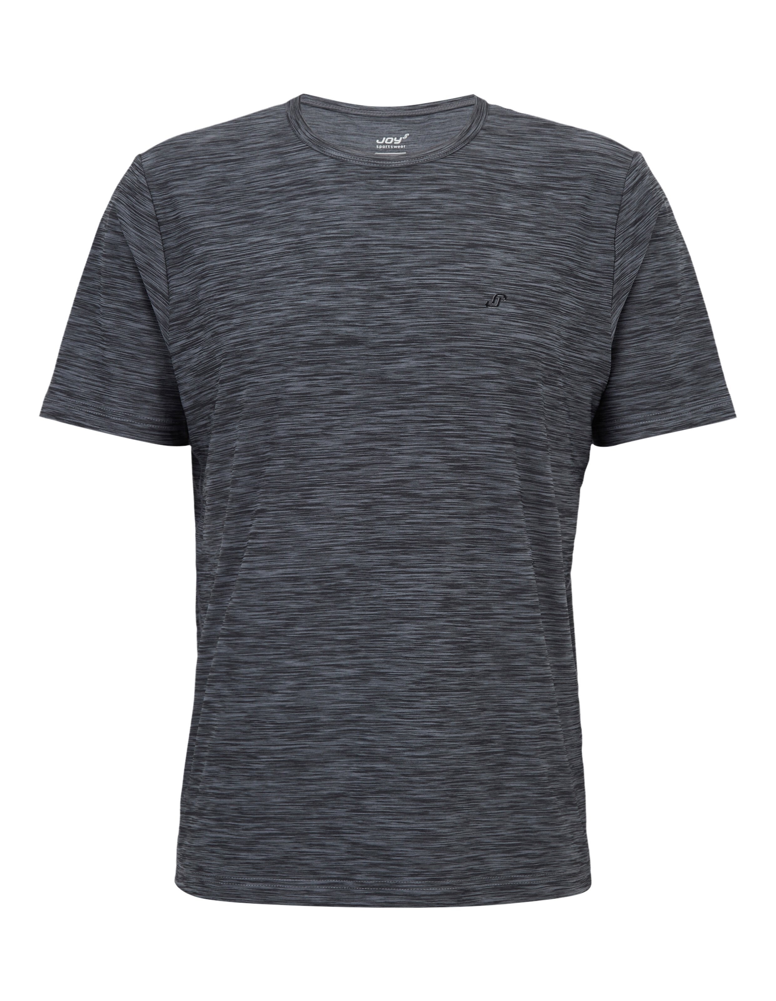 Dunkelgraues T-Shirt mit feiner Melierung und Rundhalsausschnitt, kurzer Ärmel, schlichtes Design ohne auffällige Details.
