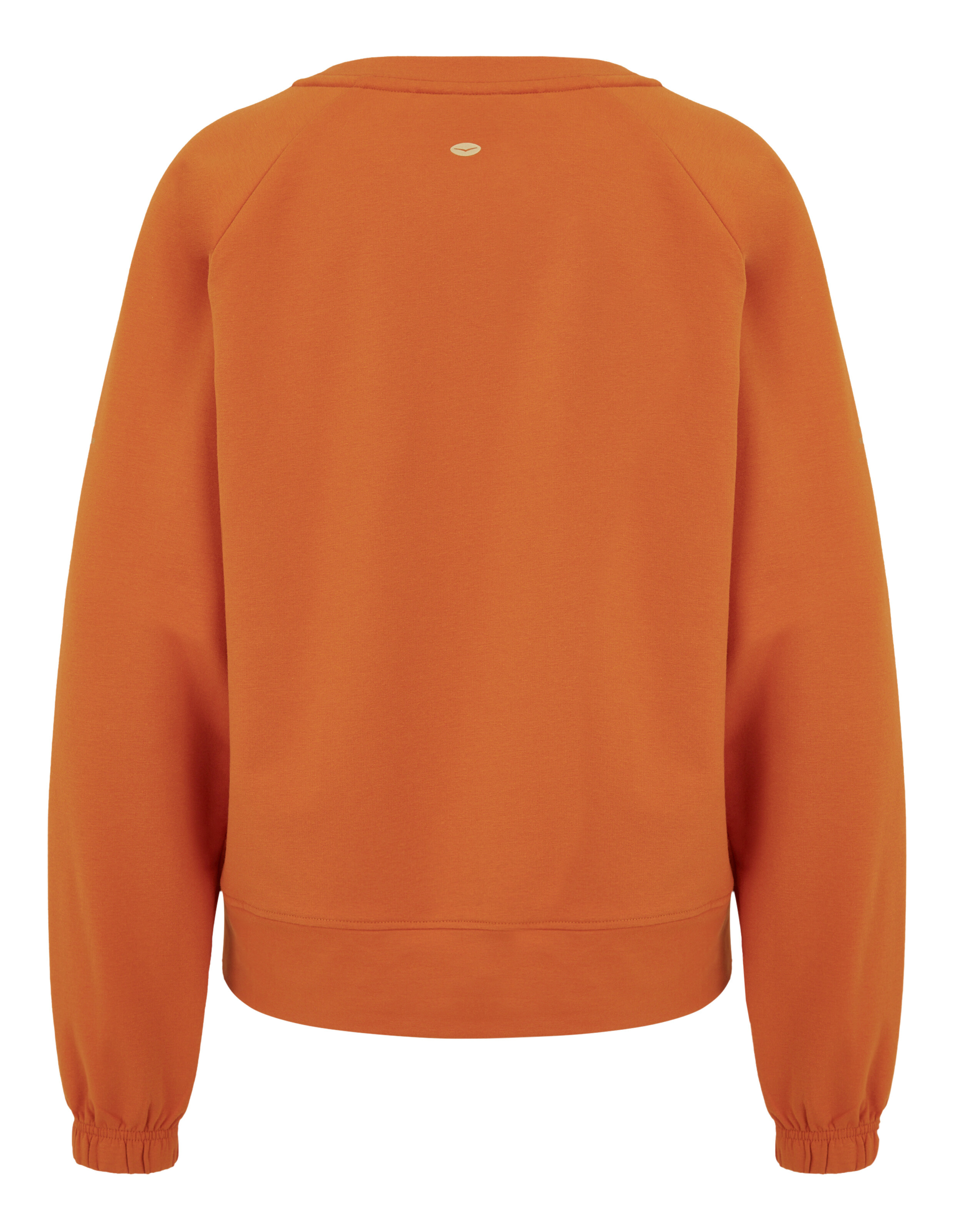 Rückansicht eines kuscheligen orangefarbenen Sweatshirts mit elastischen Bündchen und Saum.