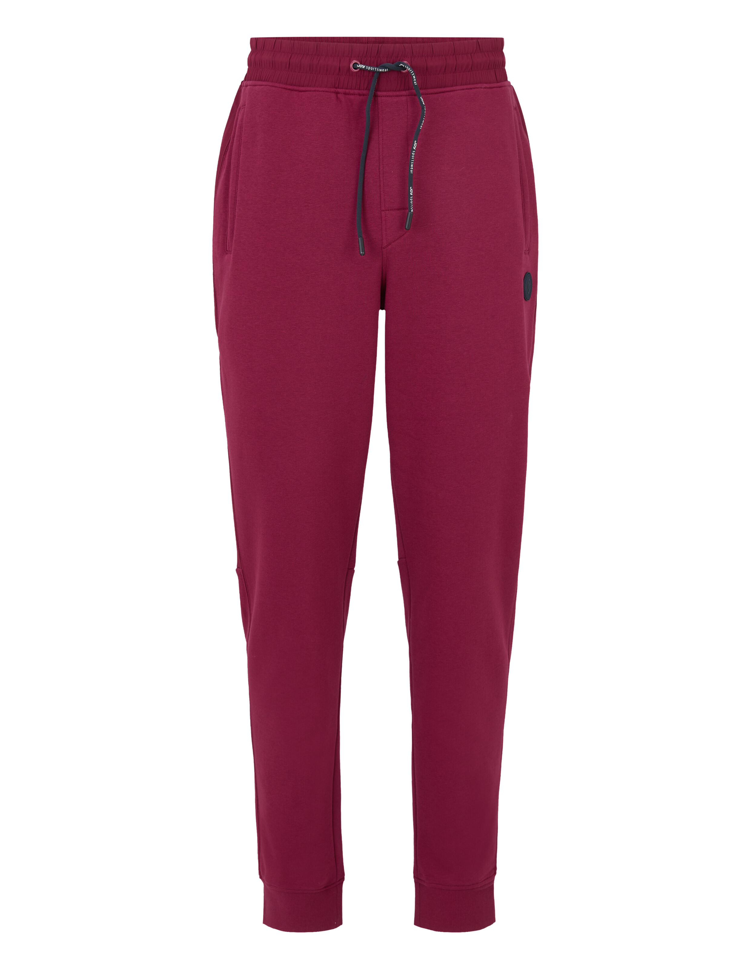 Bordeauxrote Jogginghose mit Kordelzug, elastischem Bund und Seitentaschen, geeignet für Freizeit und Sport.