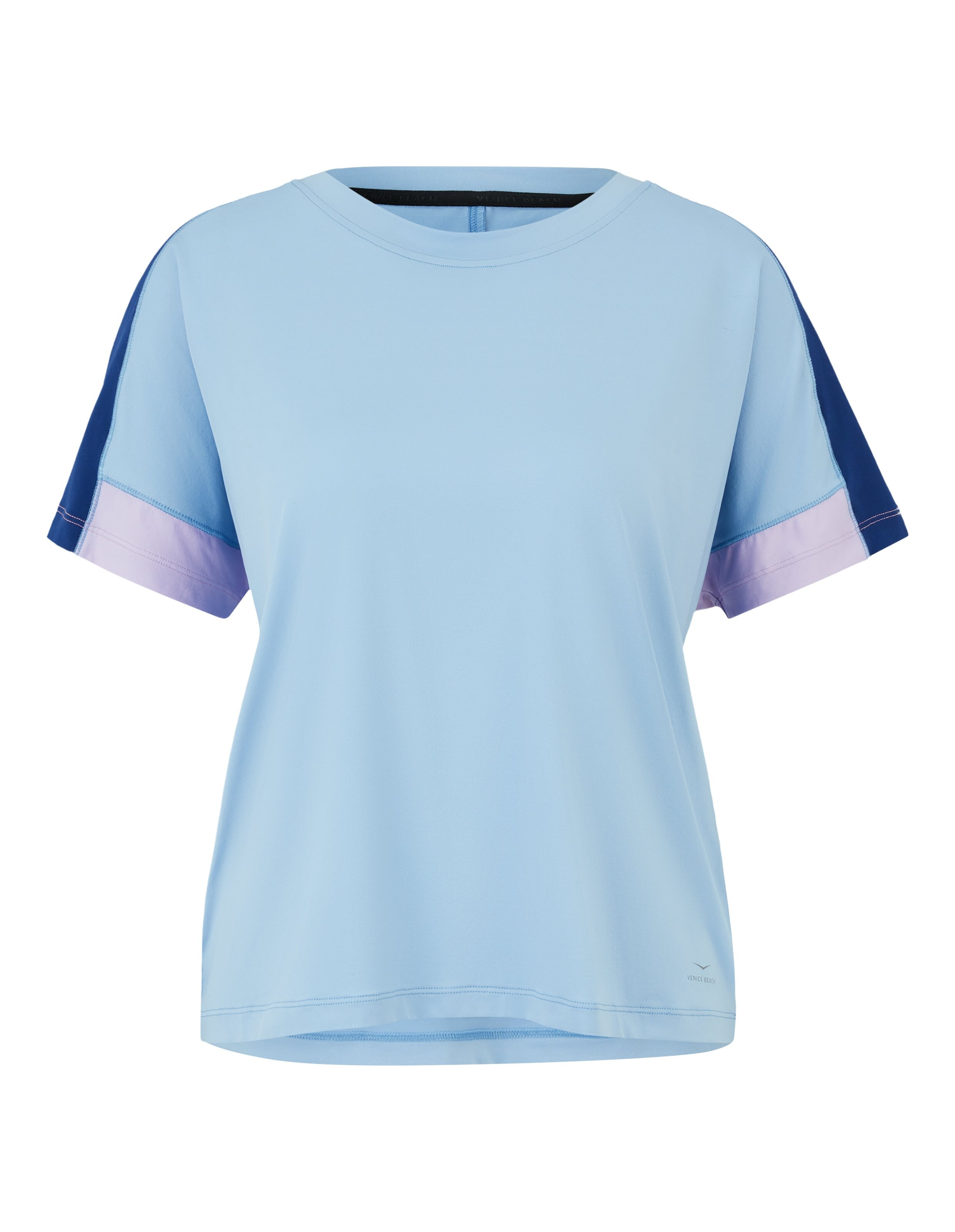 Hellblaues Freizeit-T-Shirt mit marineblauen und lilafarbenen Ärmelakzenten für bequeme Loungewear.