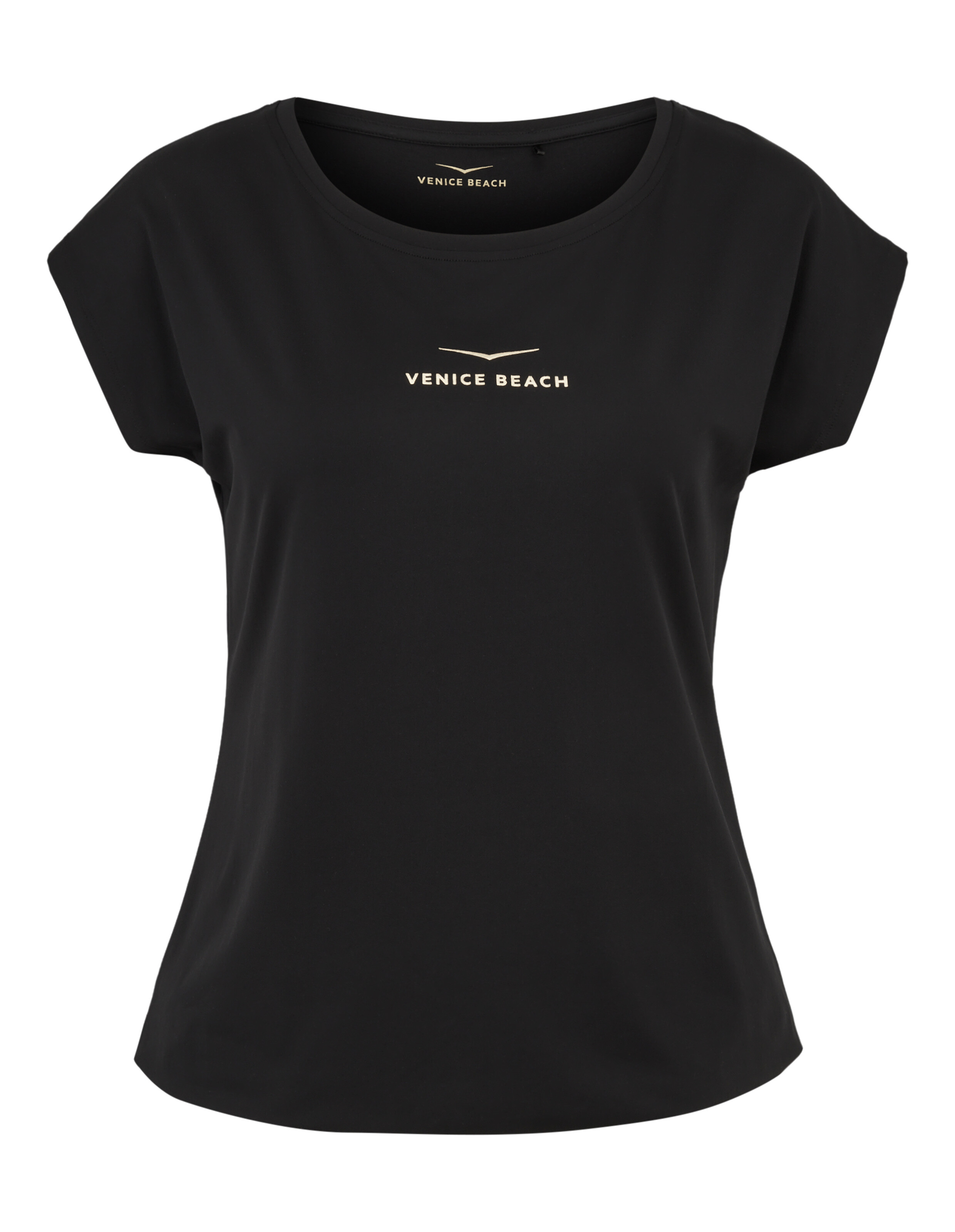 Schwarzes, lässiges T-Shirt von Venice Beach mit goldenem Logo-Print, perfekt zum Entspannen.