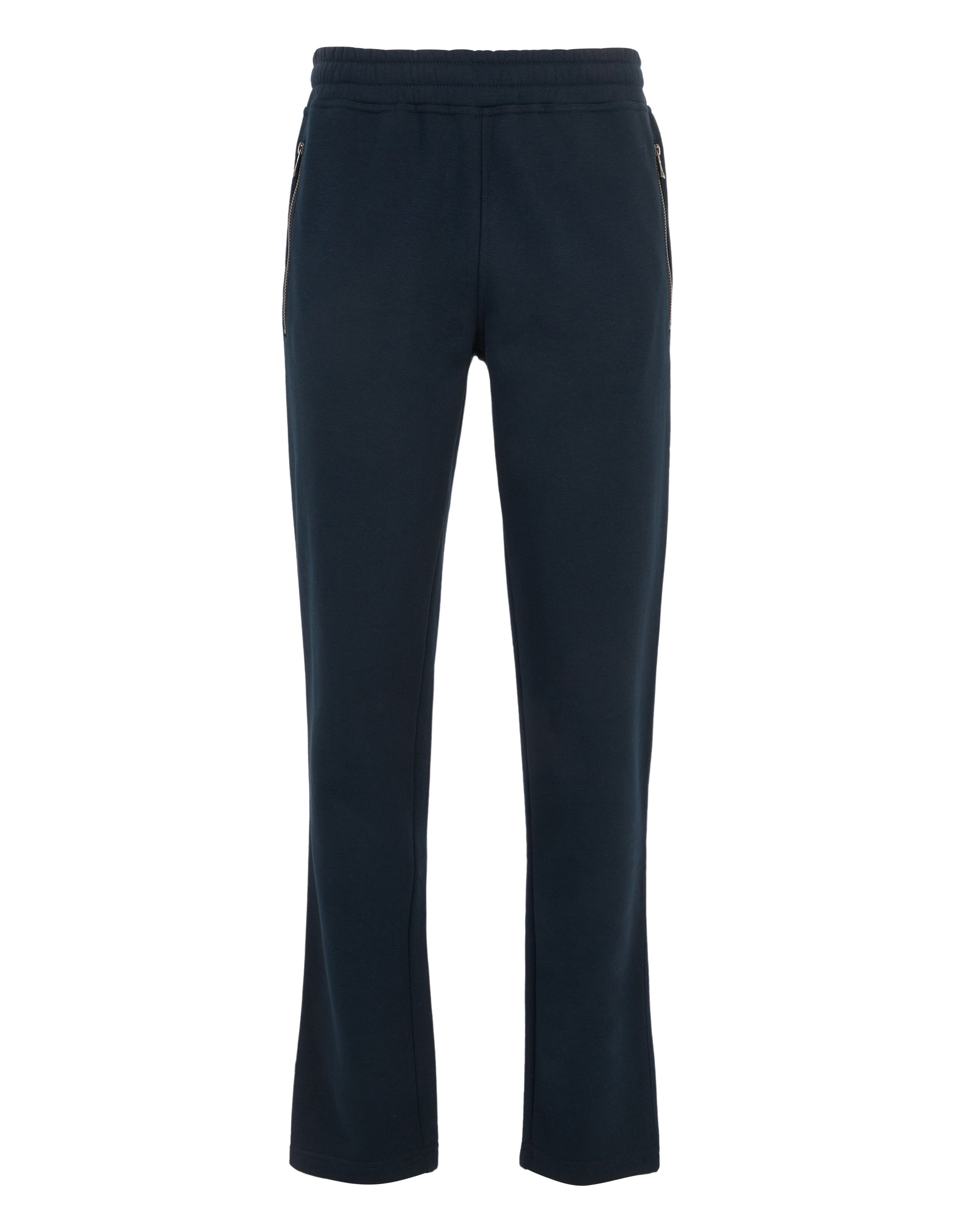 Dunkelblaue Jogginghose mit elastischem Bund und seitlichen Reißverschlusstaschen für bequemen und sportlichen Stil.