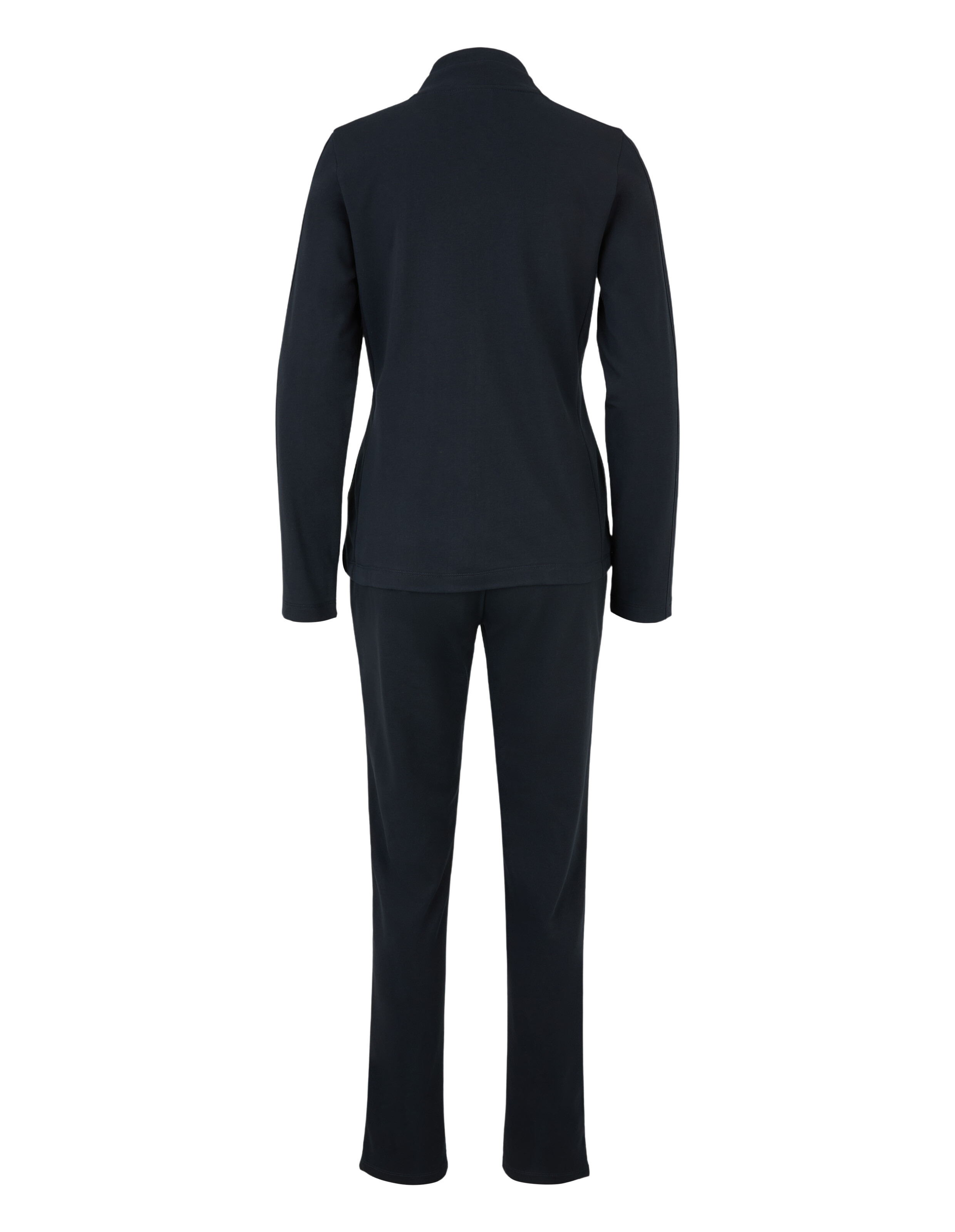 Rückansicht eines schwarzen, gemütlichen Lounge-Sets mit langen Ärmeln und passender Hose.
