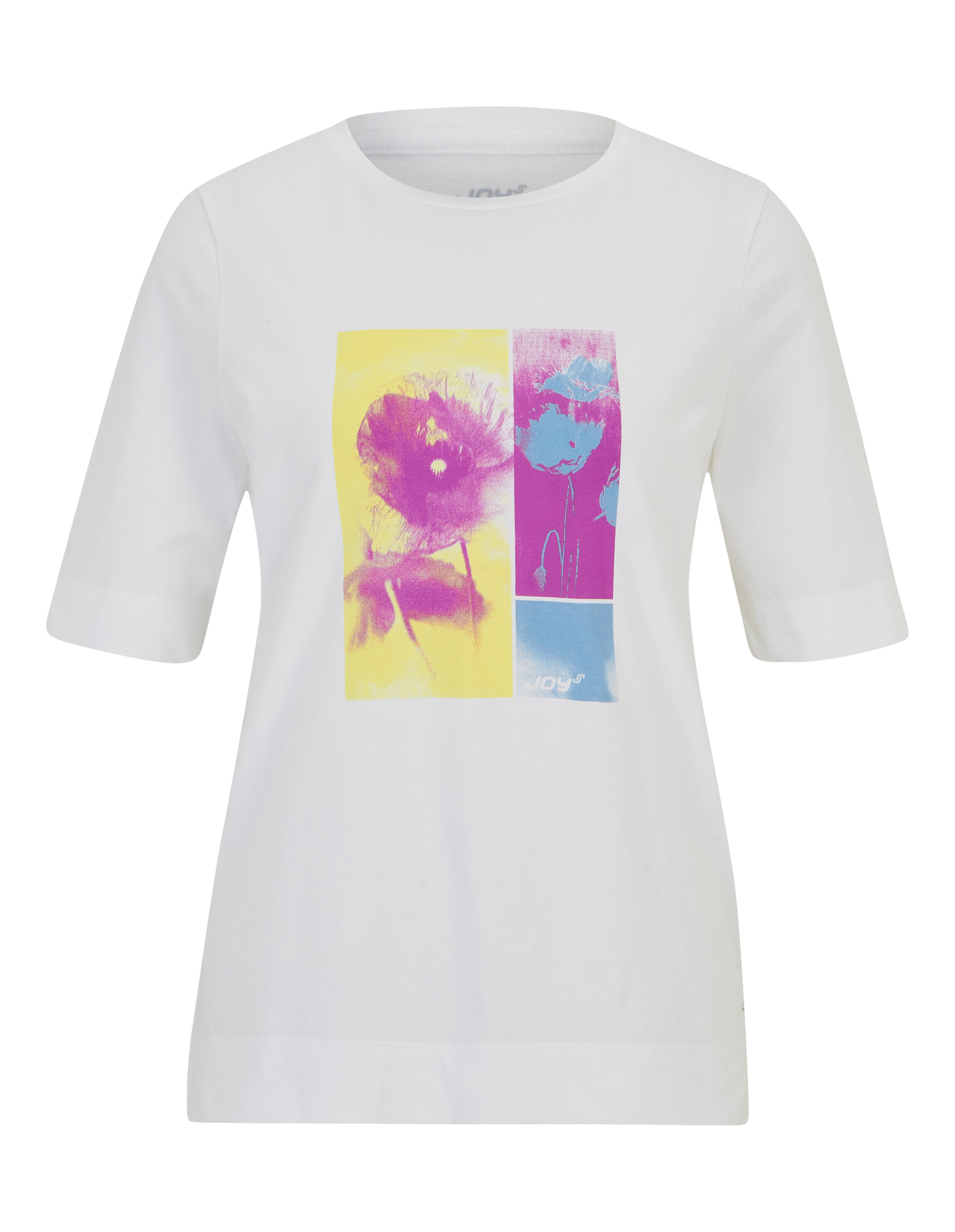 Weißes T-Shirt mit buntem Blumenprint in gelben und violetten Tönen auf der Vorderseite, das ein künstlerisches Design zeigt.